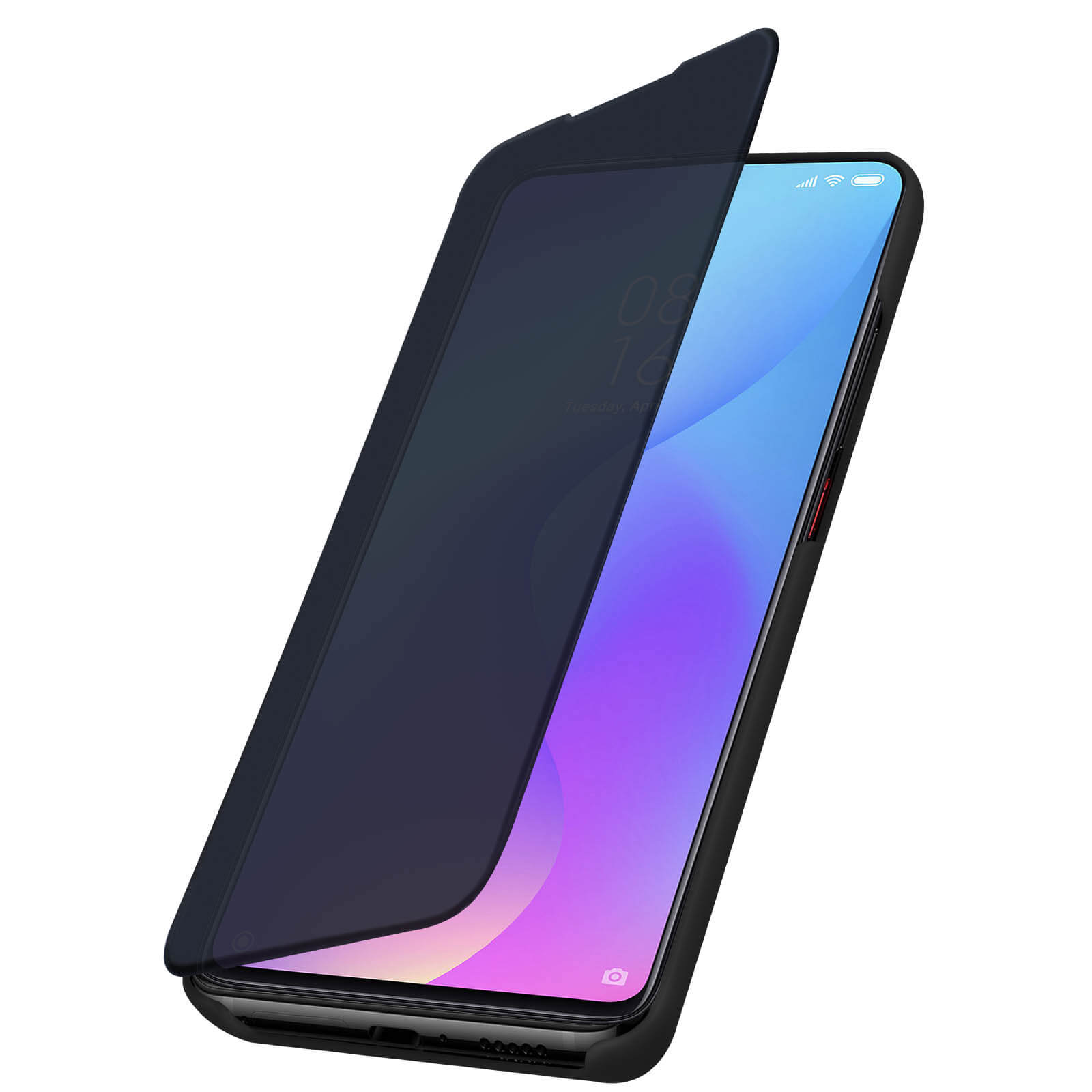 Un telefono con una custodia nera parzialmente aperta. Lo schermo mostra la data e l'ora digitale.