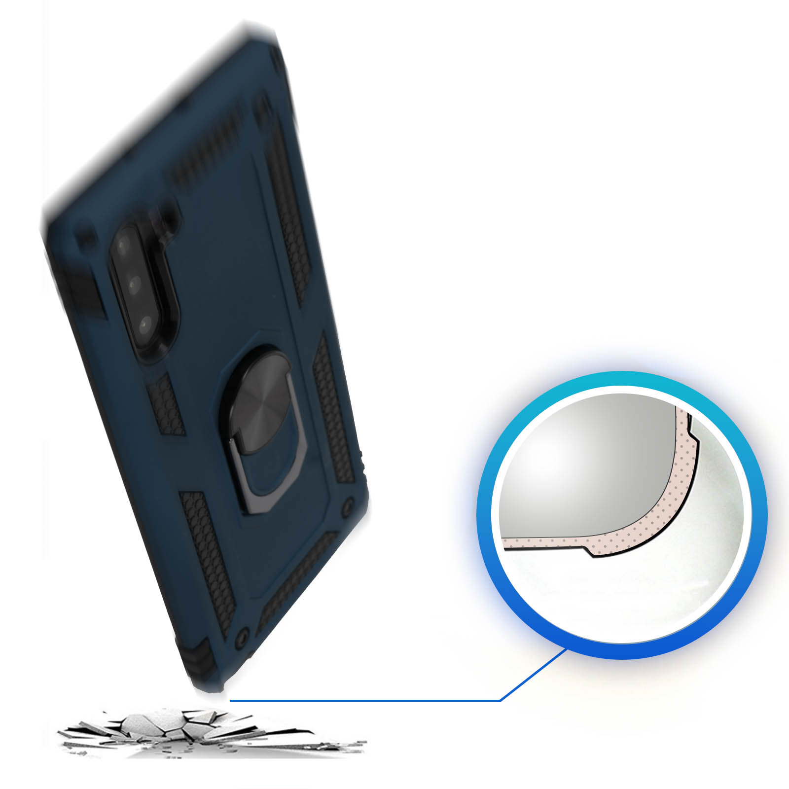 Una custodia blu con anello. Sfondo bianco e superficie screpolata.