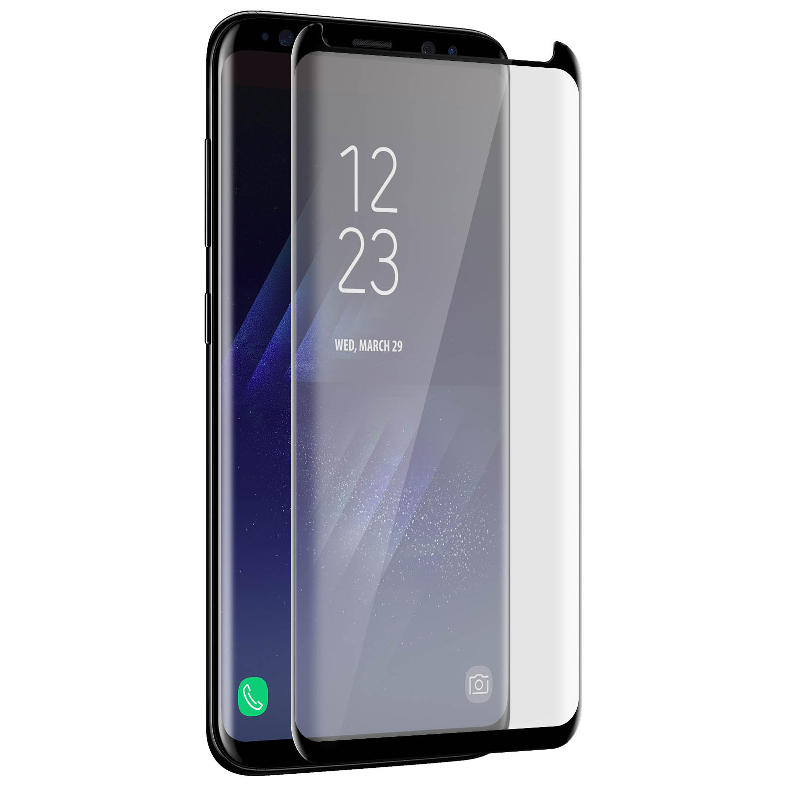 Due smartphone. Uno ha una protezione per lo schermo applicata. Entrambi i telefoni sono neri con sfondo bianco.