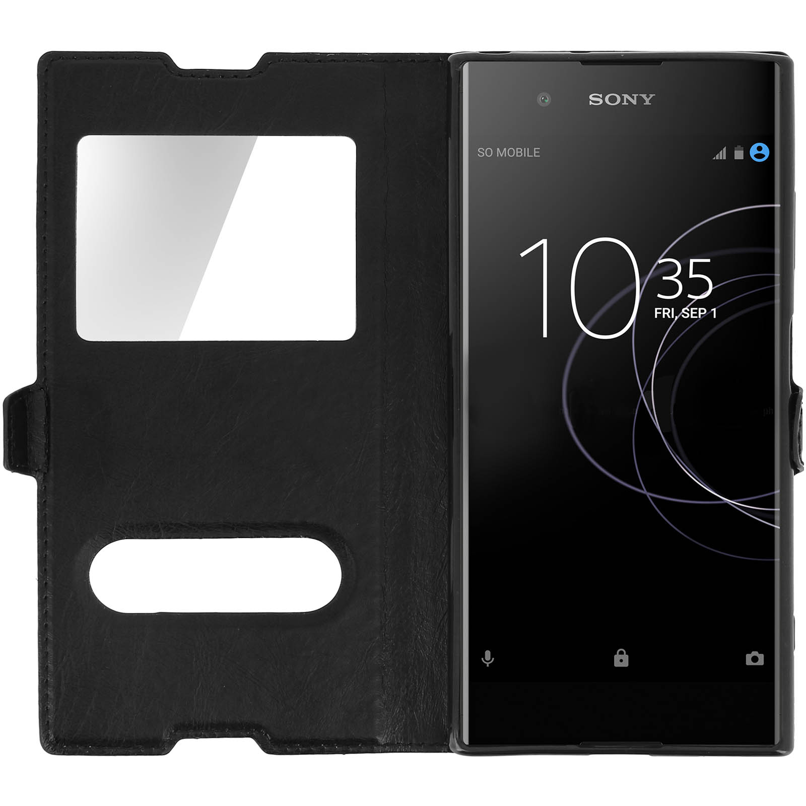 Telefono Sony nero, custodia in pelle nera, finestra bianca, visualizzazione ora, sfondo nero, vista frontale.