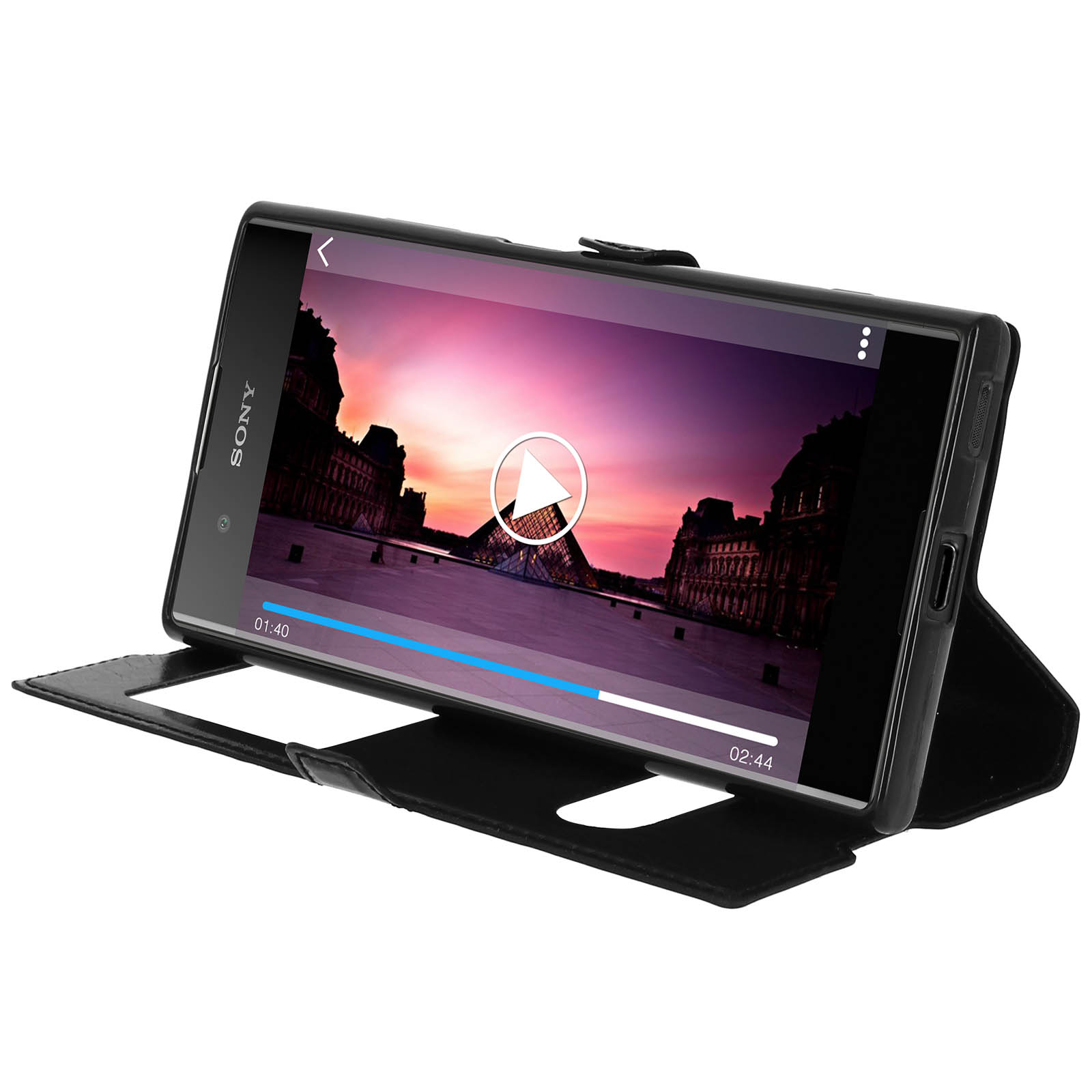Custodia nera per tablet Sony con tablet che mostra un video. Pulsante play al centro dello schermo.