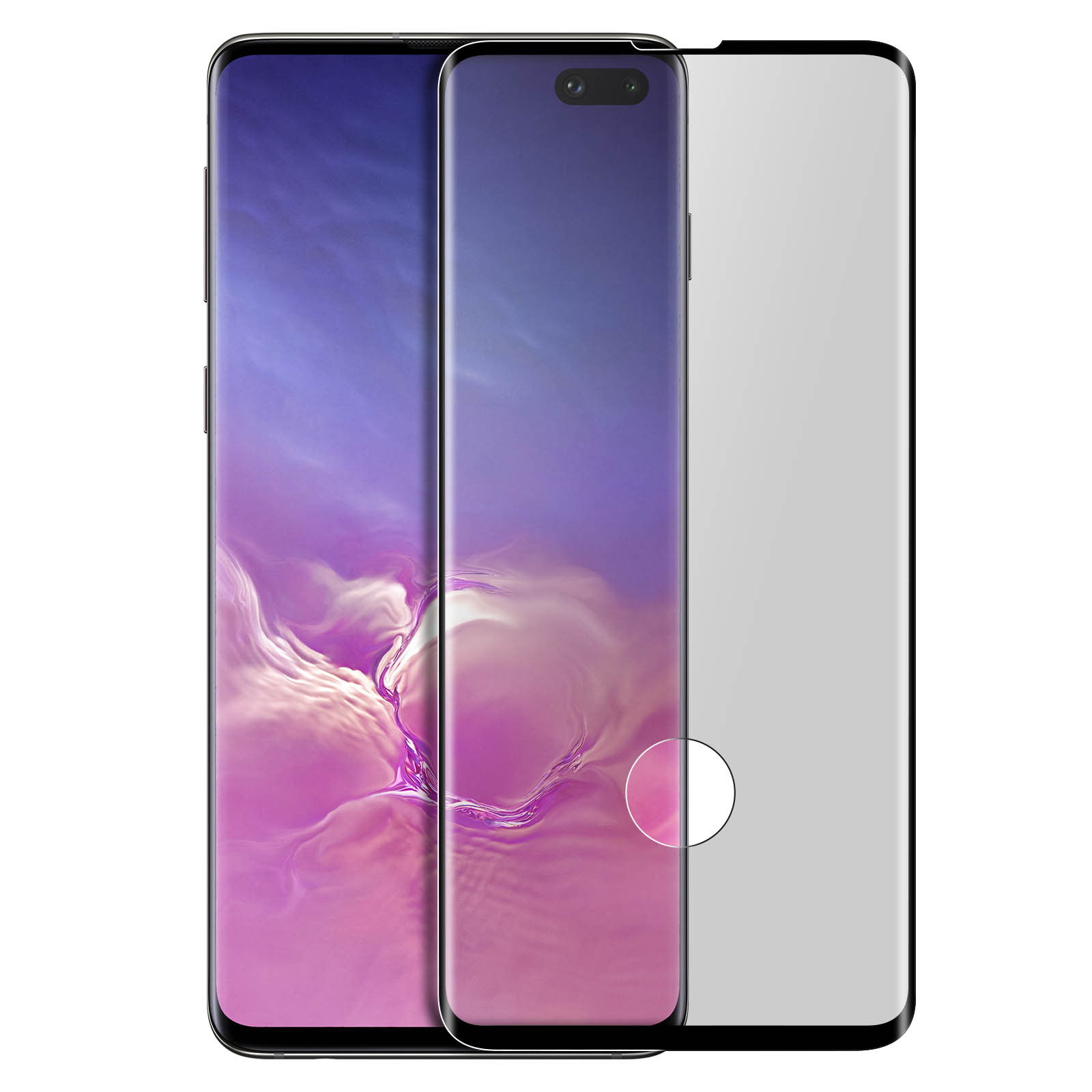 Tre telefoni, uno con protezione schermo, su sfondo bianco.