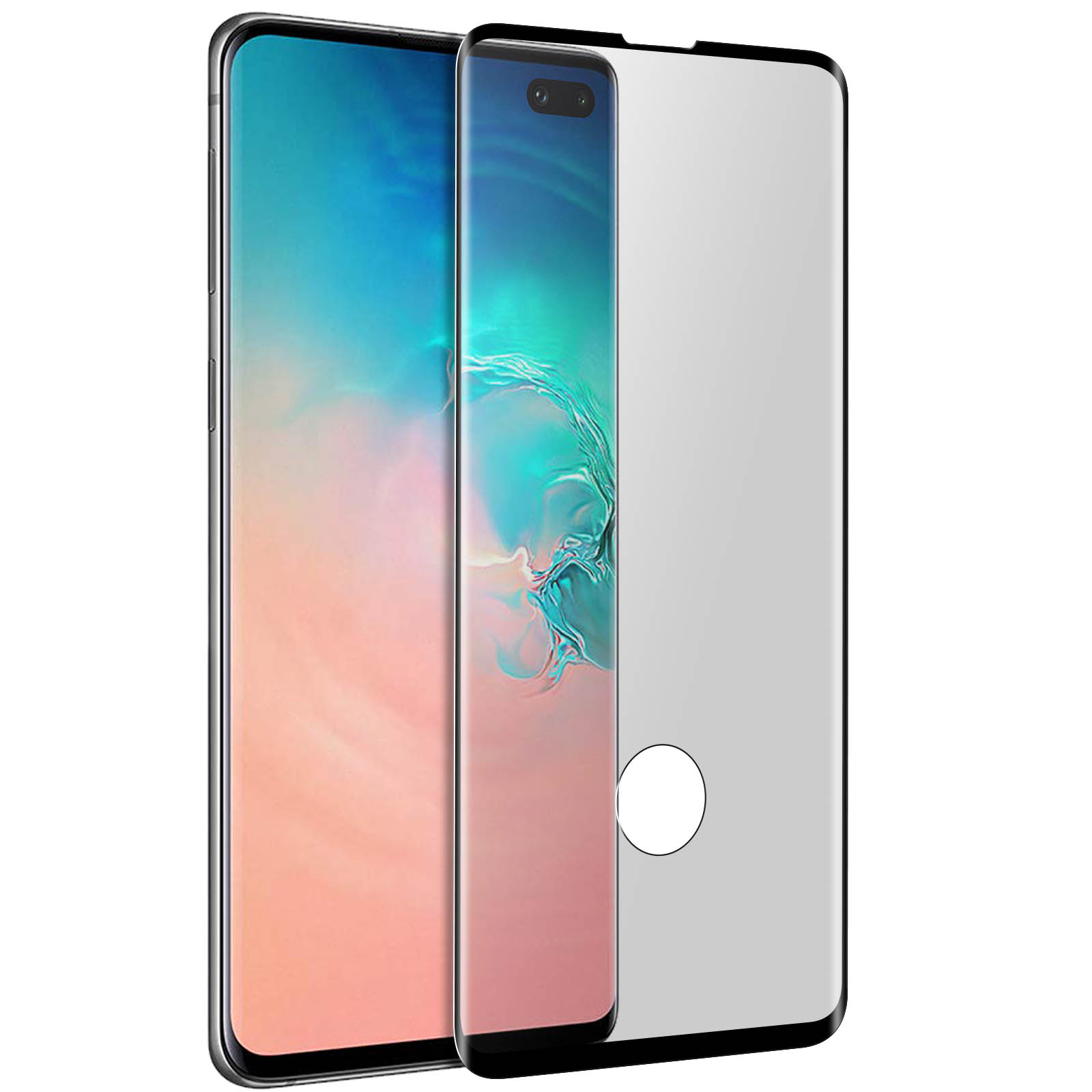Telefono viola con protezione schermo. Lo schermo mostra uno schermo bianco e rosa.