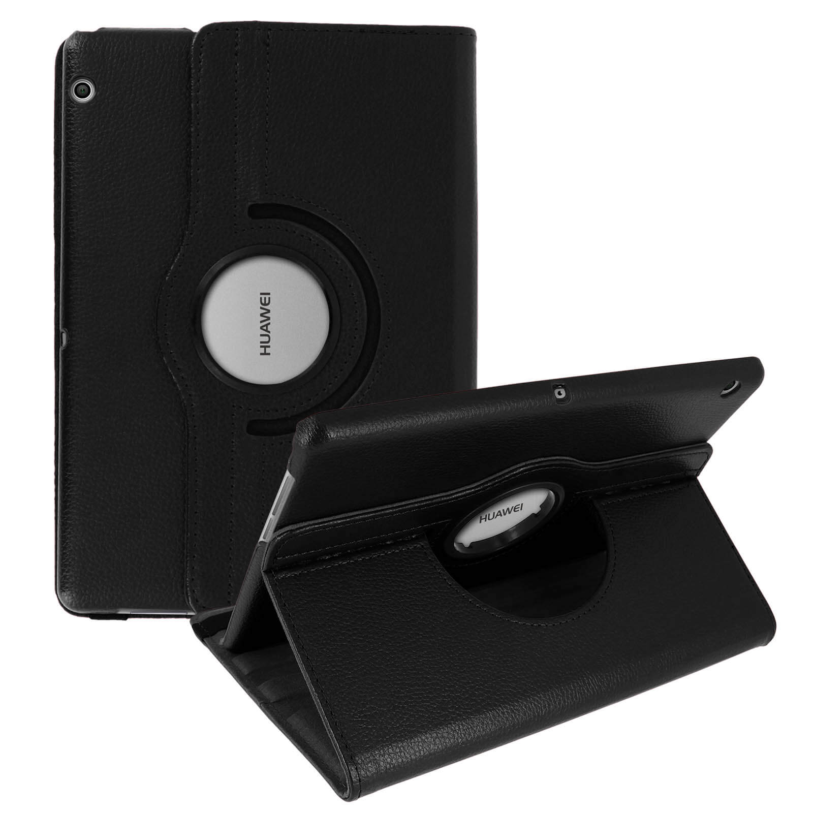 Custodia per tablet in pelle nera. Una custodia è chiusa, l'altra aperta, mostrando lo schermo.