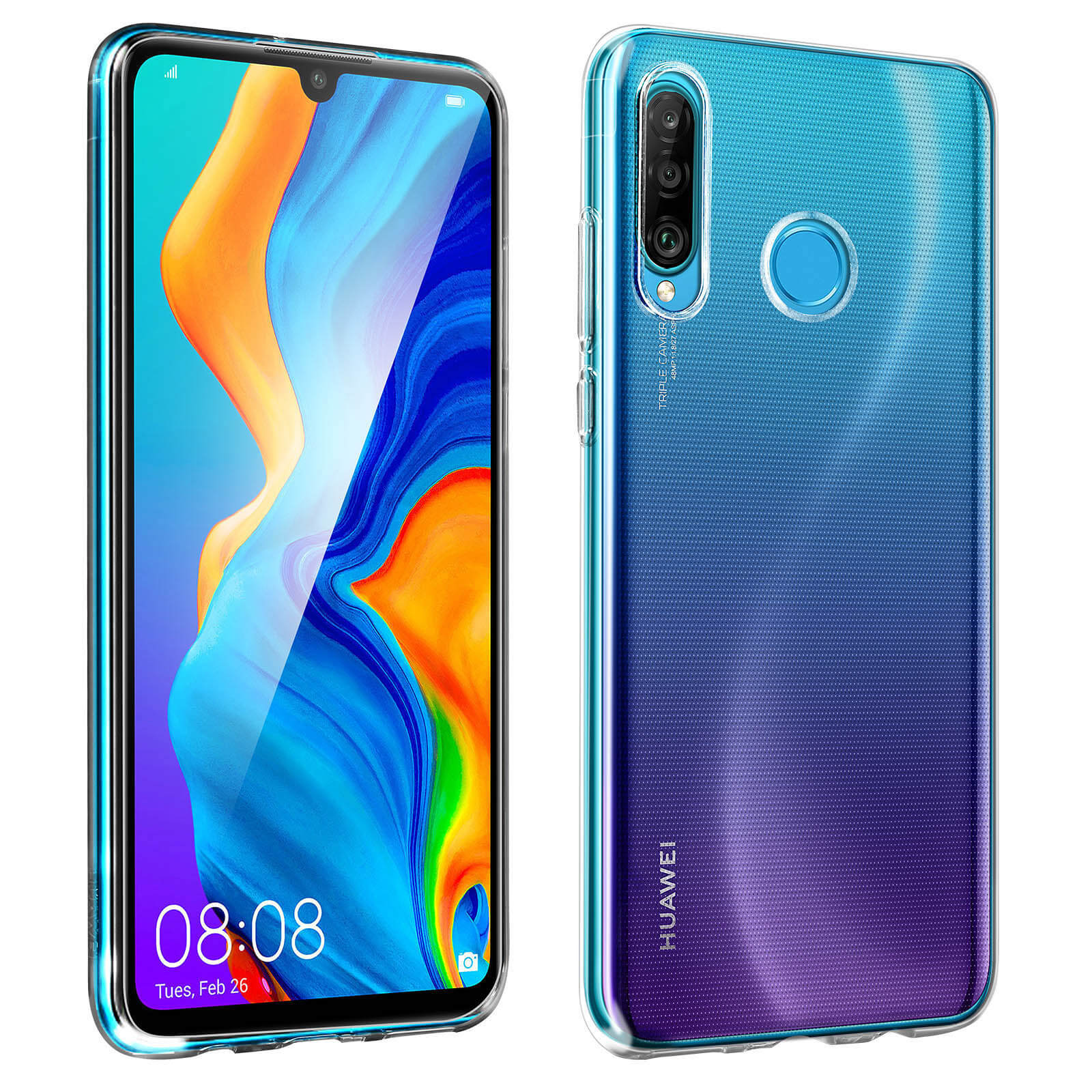 Telefon mit durchsichtiger Hülle, die ein blau-lila Farbverlaufsmuster zeigt. Der Bildschirm zeigt die Uhrzeit.