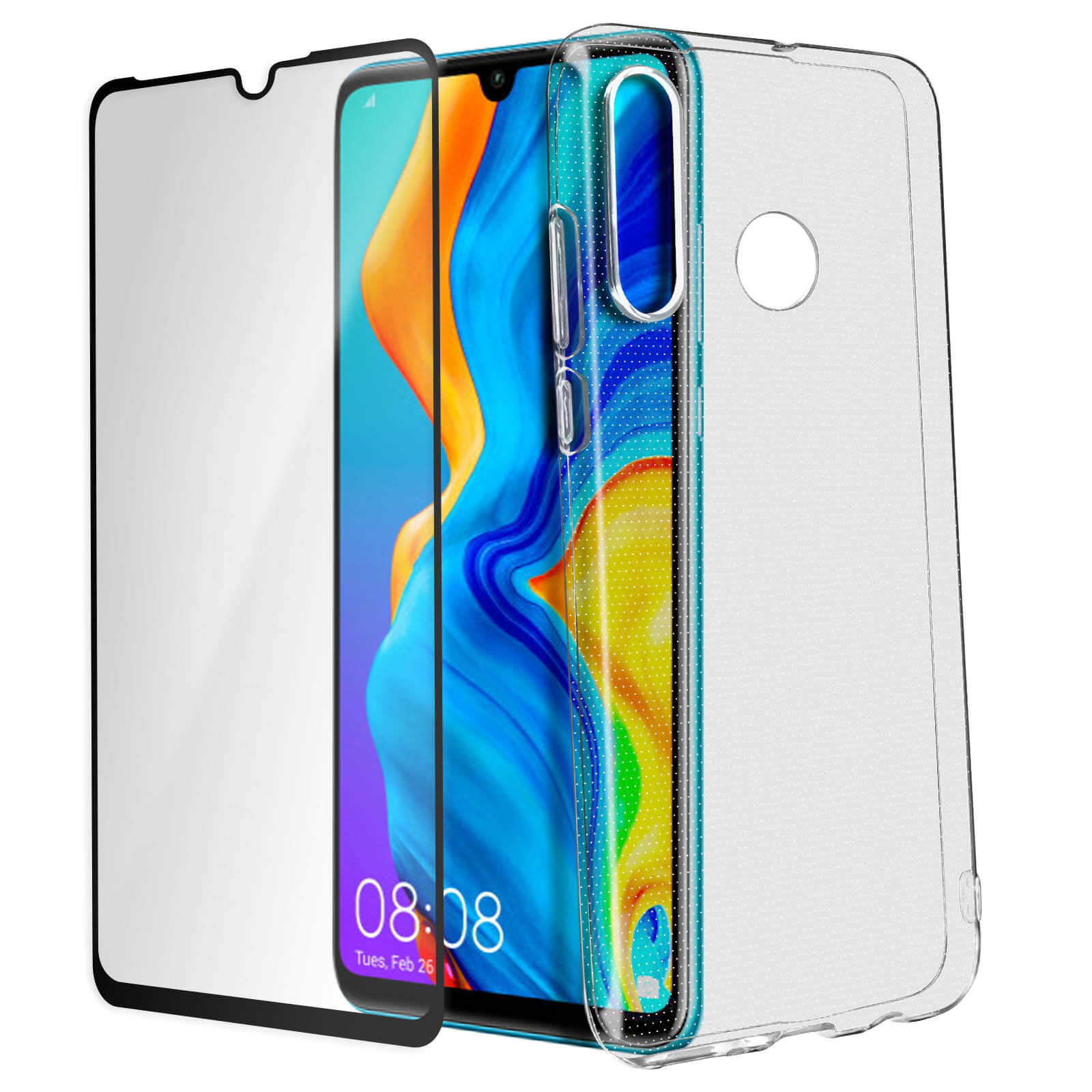Smartphone mit Displayschutzfolie und transparenter Hülle, isoliert auf Weiß.