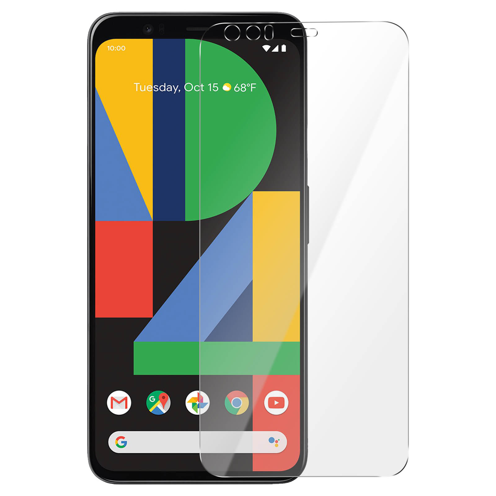 Telefono con protezione schermo applicata. Lo schermo mostra l'ora e la data. Lo sfondo è bianco.
