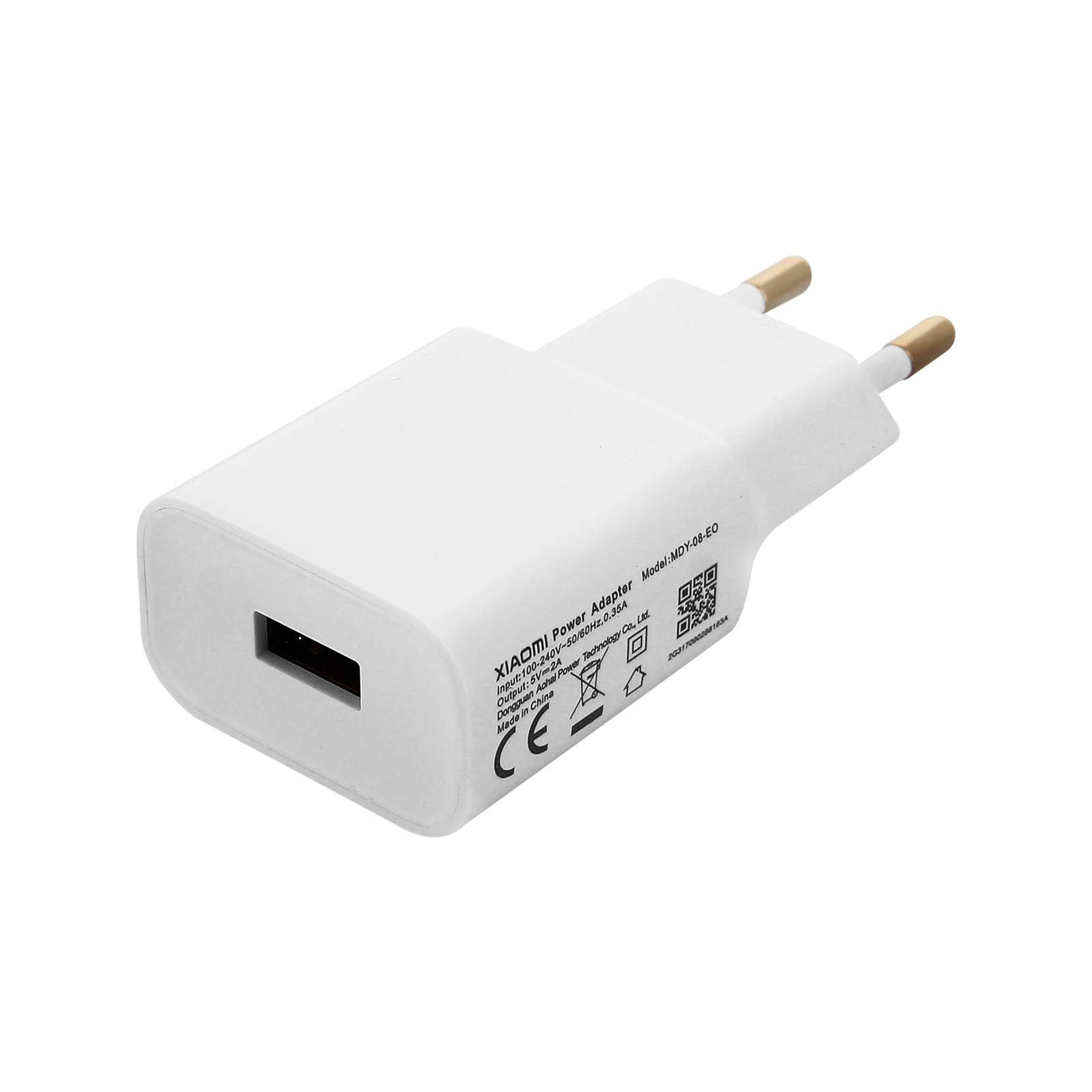 Un caricabatterie bianco con due pin e una porta USB.