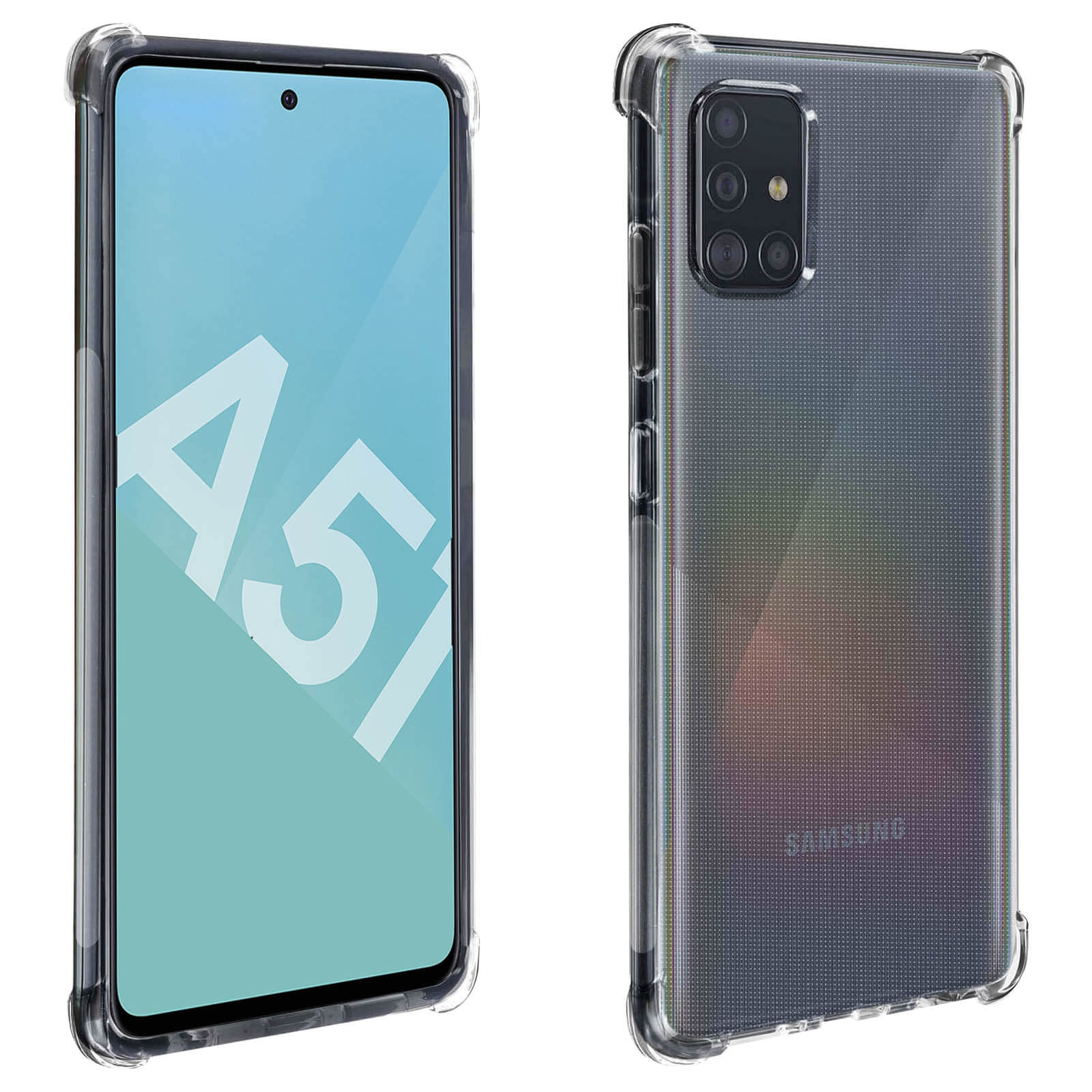 Transparente Handyhülle auf einem Telefon. Zwei Seiten des Telefons sind sichtbar. Das Telefon zeigt den Startbildschirm.