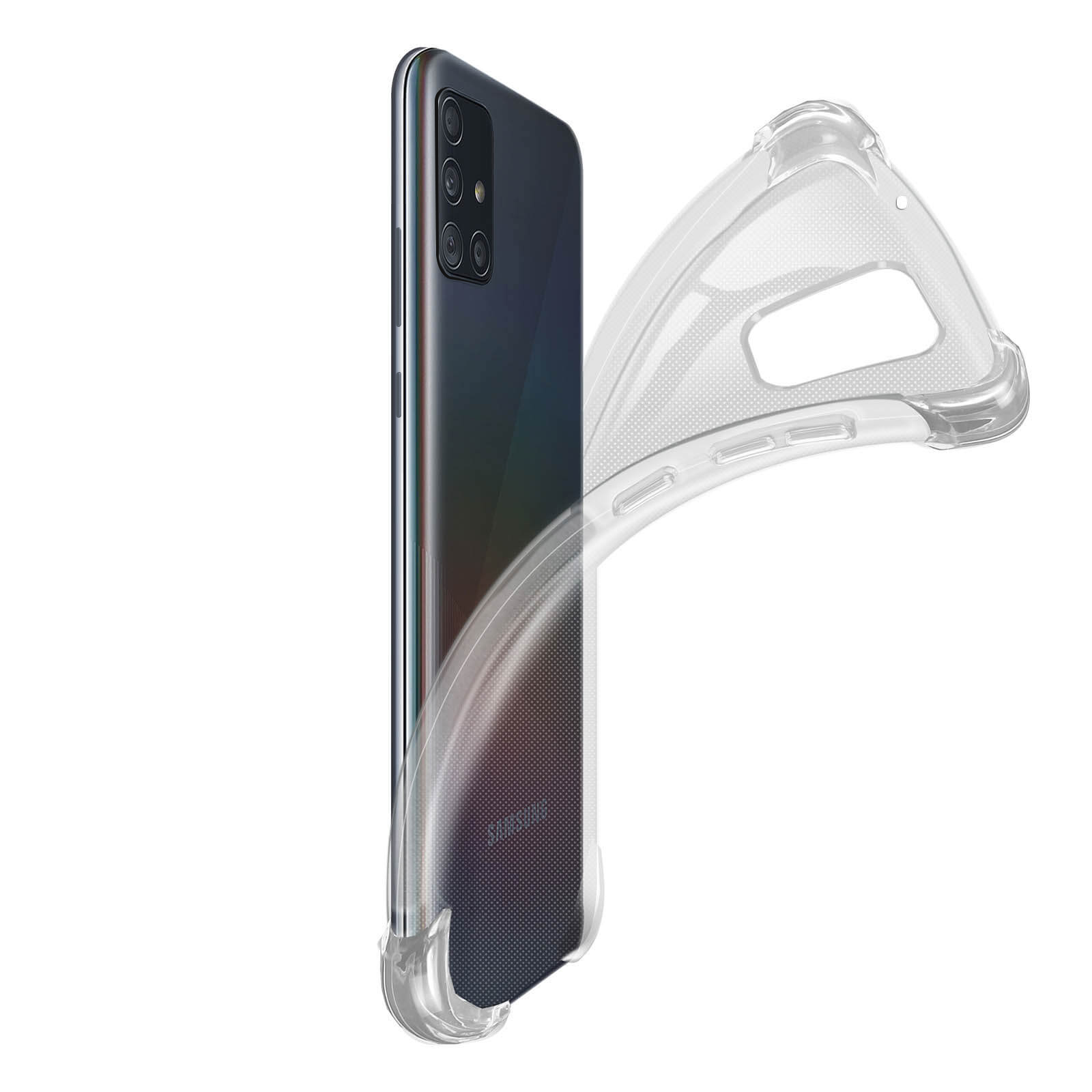 Ein Telefon in einer durchsichtigen Hülle. Das Telefon ist schwarz und die Hülle umschließt es.
