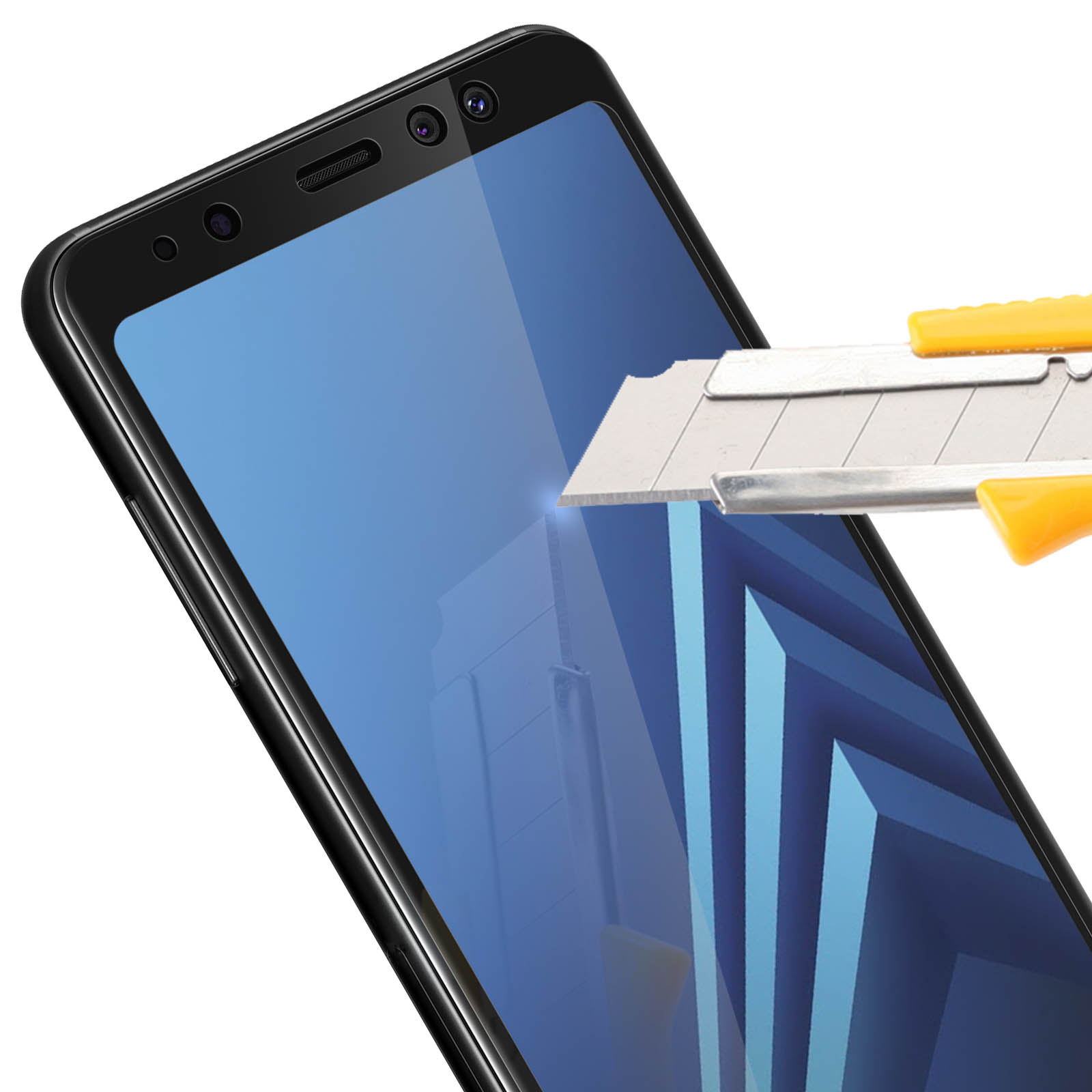 Uno schermo del telefono tagliato da una lama, schermo blu con testo e lama.