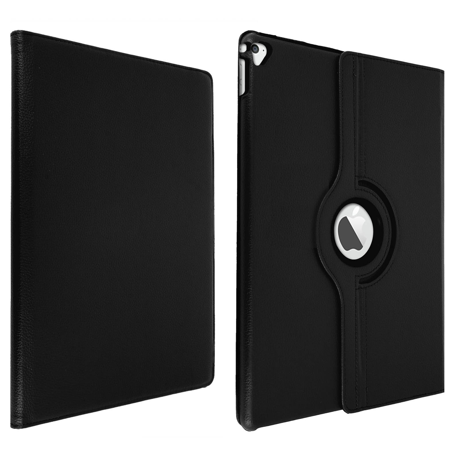 Custodia per tablet nera, chiusa a sinistra, aperta a destra. Logo Apple bianco visibile sul lato aperto.