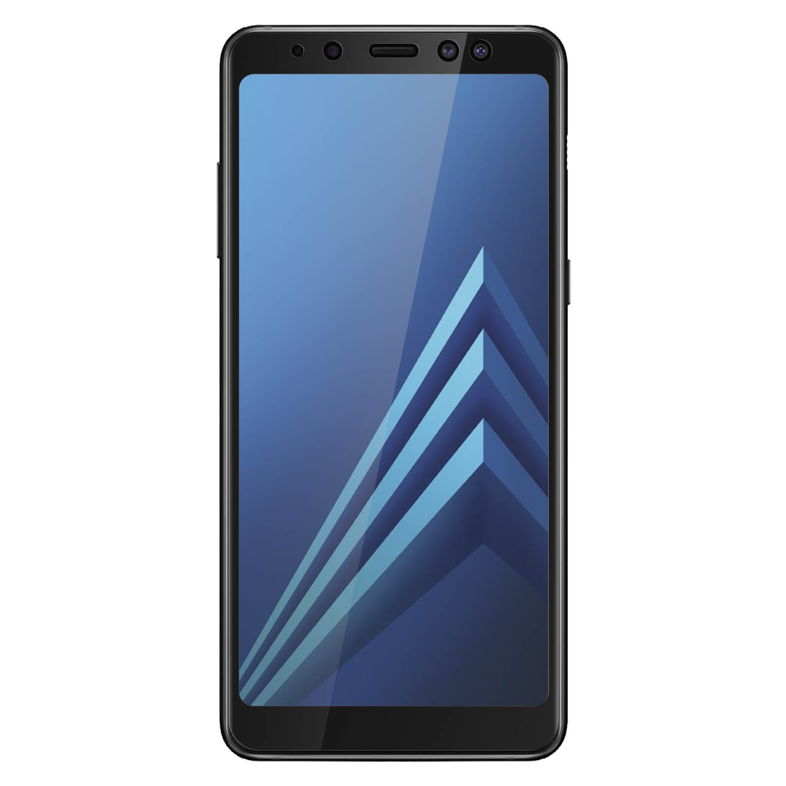 Smartphone nero con un motivo geometrico blu e bianco sullo schermo. Lunetta nera. Sfondo nero.