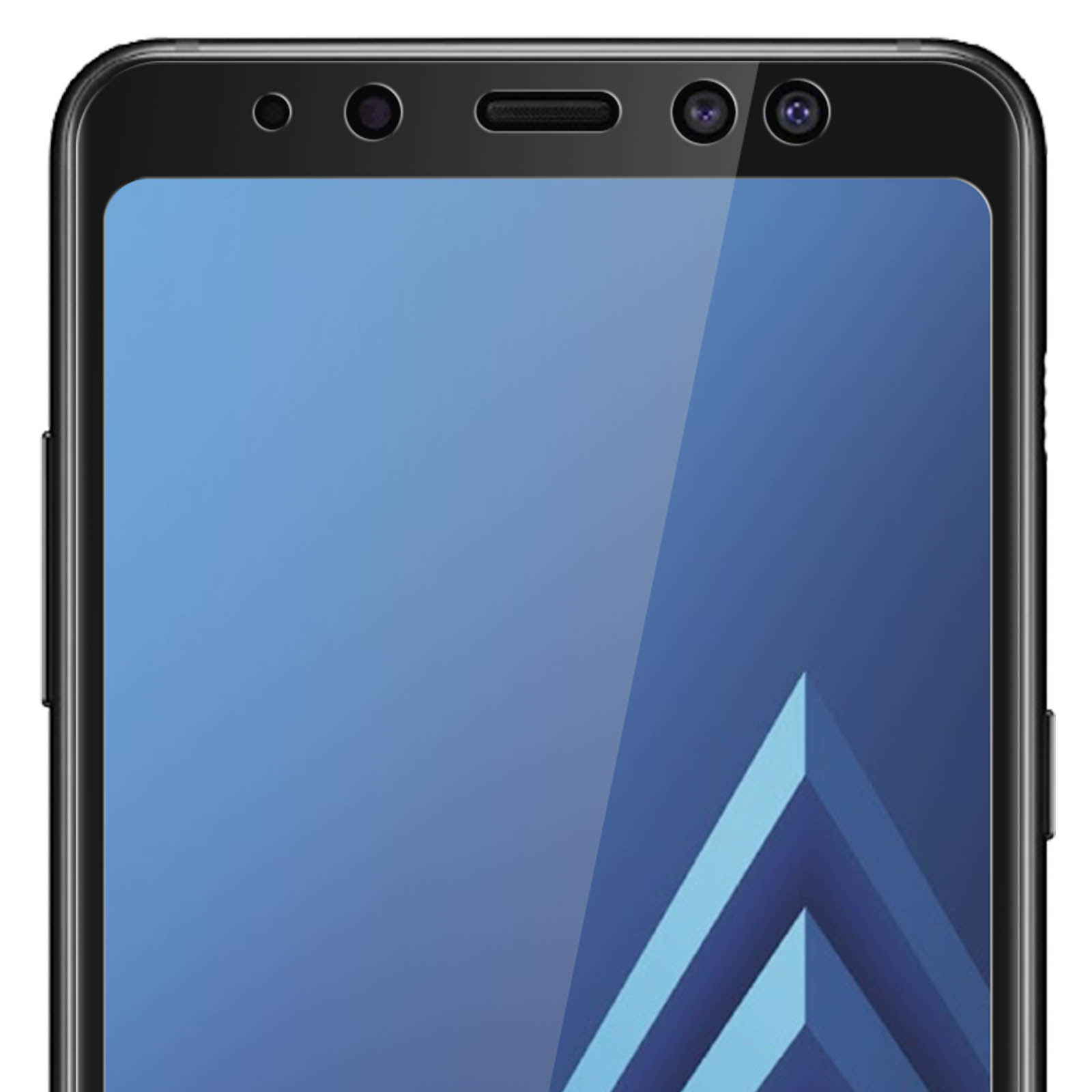 Primo piano della parte superiore del telefono. Mostra fotocamera e sensori. Schermo blu.