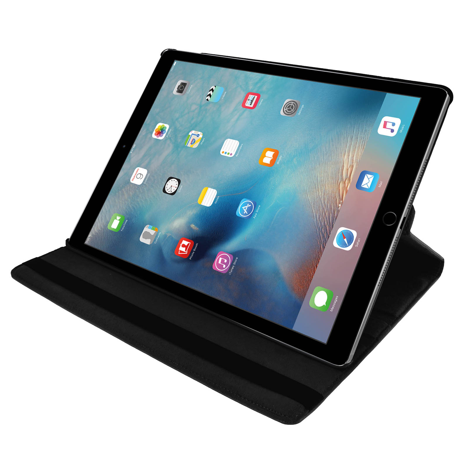 Tablet in custodia nera, schermo acceso, mostra icone app. Sfondo bianco e nero.