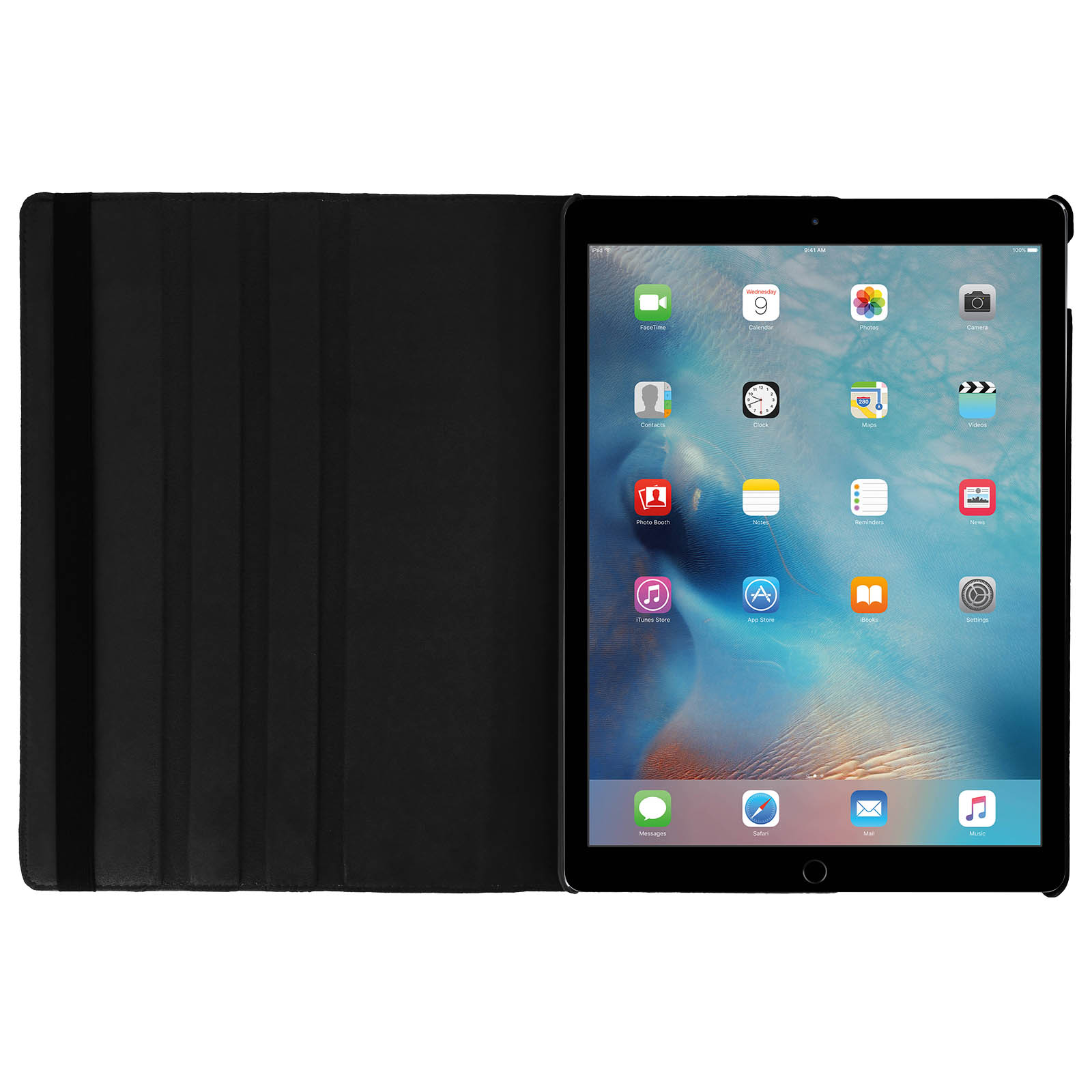 Un tablet con una cover nera aperta, che mostra una schermata iniziale con icone di app. Lo sfondo è bianco.