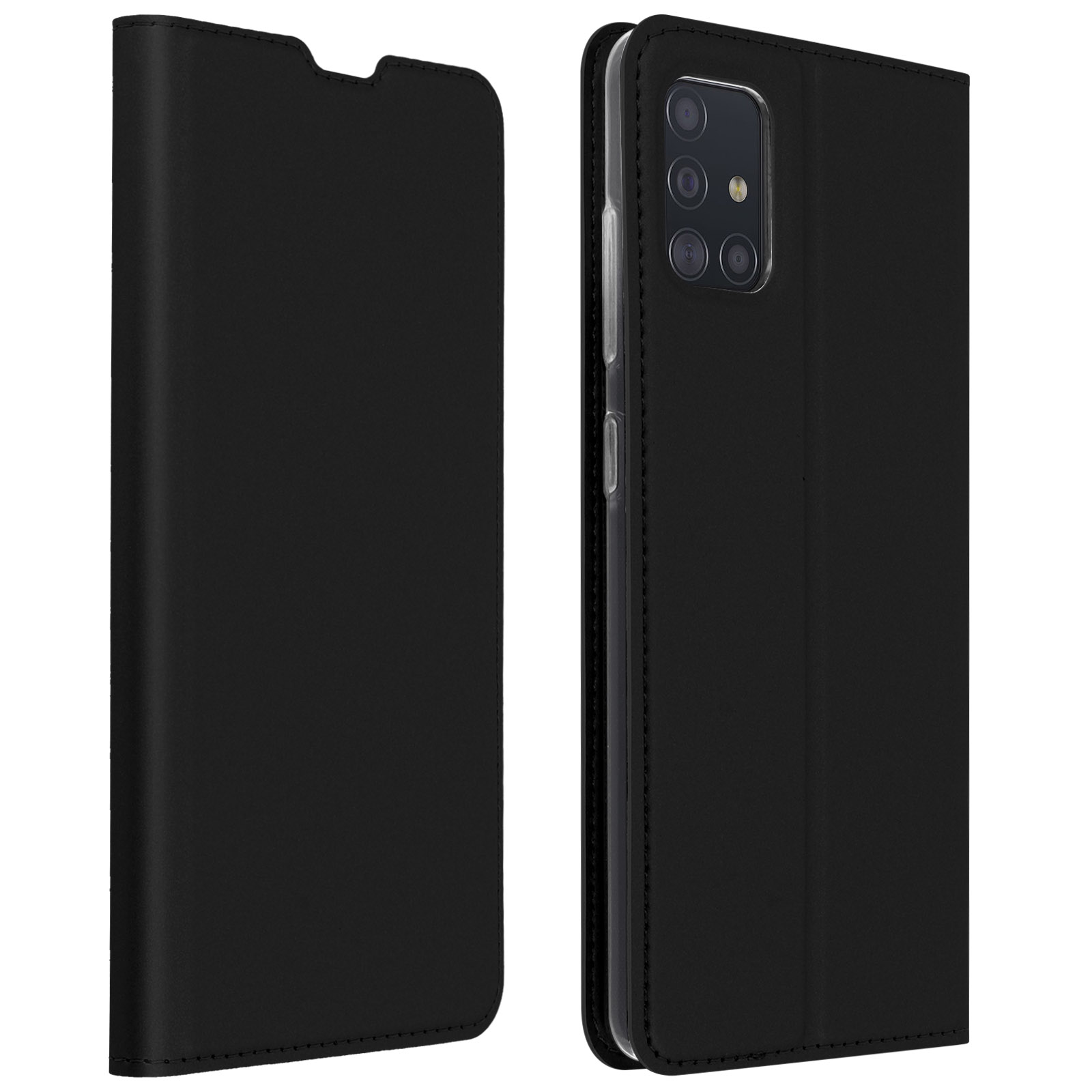 Étui de téléphone noir, ouvert. Le téléphone est noir.