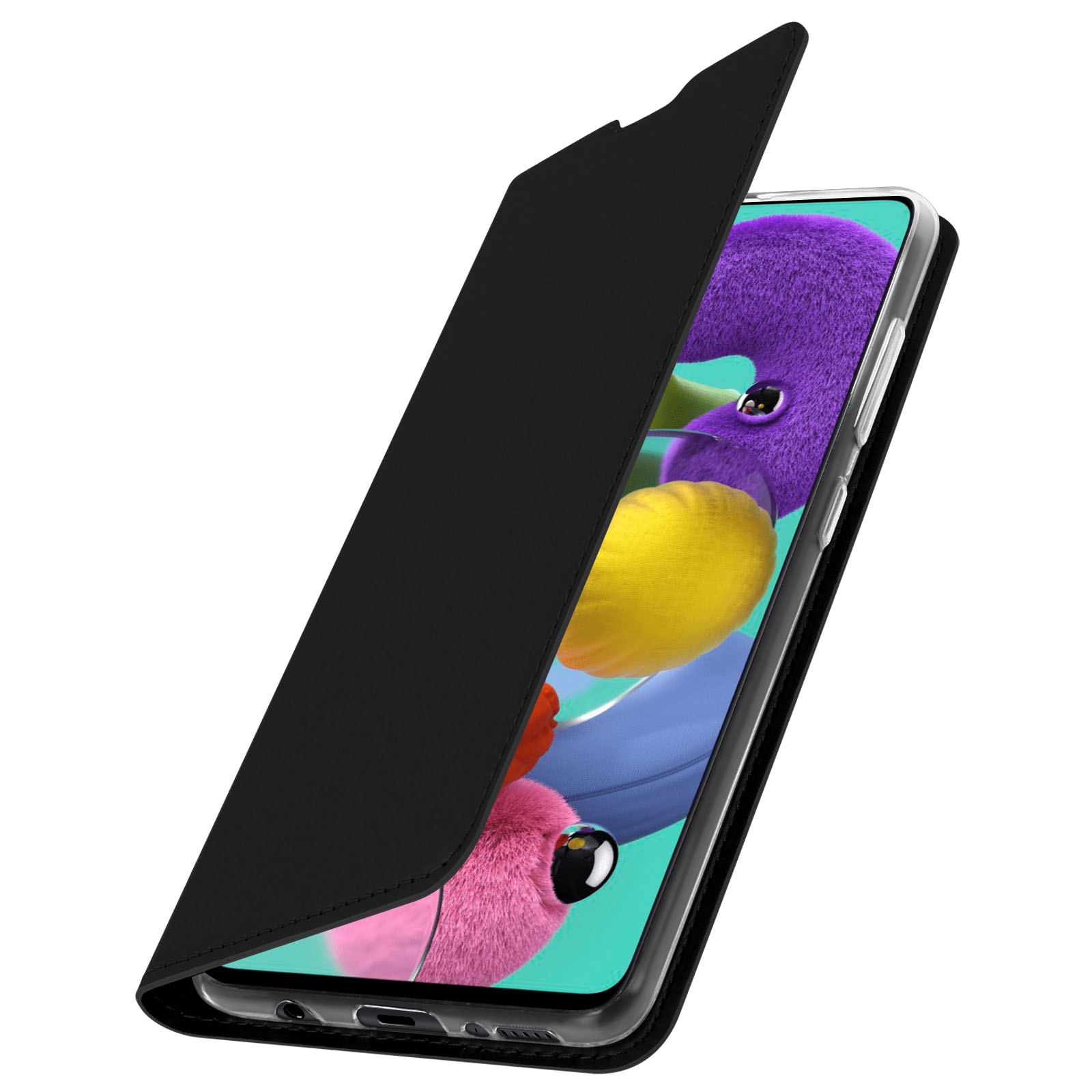 Étui de téléphone noir, ouvert. Un téléphone est à l'intérieur, montrant des graphiques colorés. Formes violettes et jaunes.