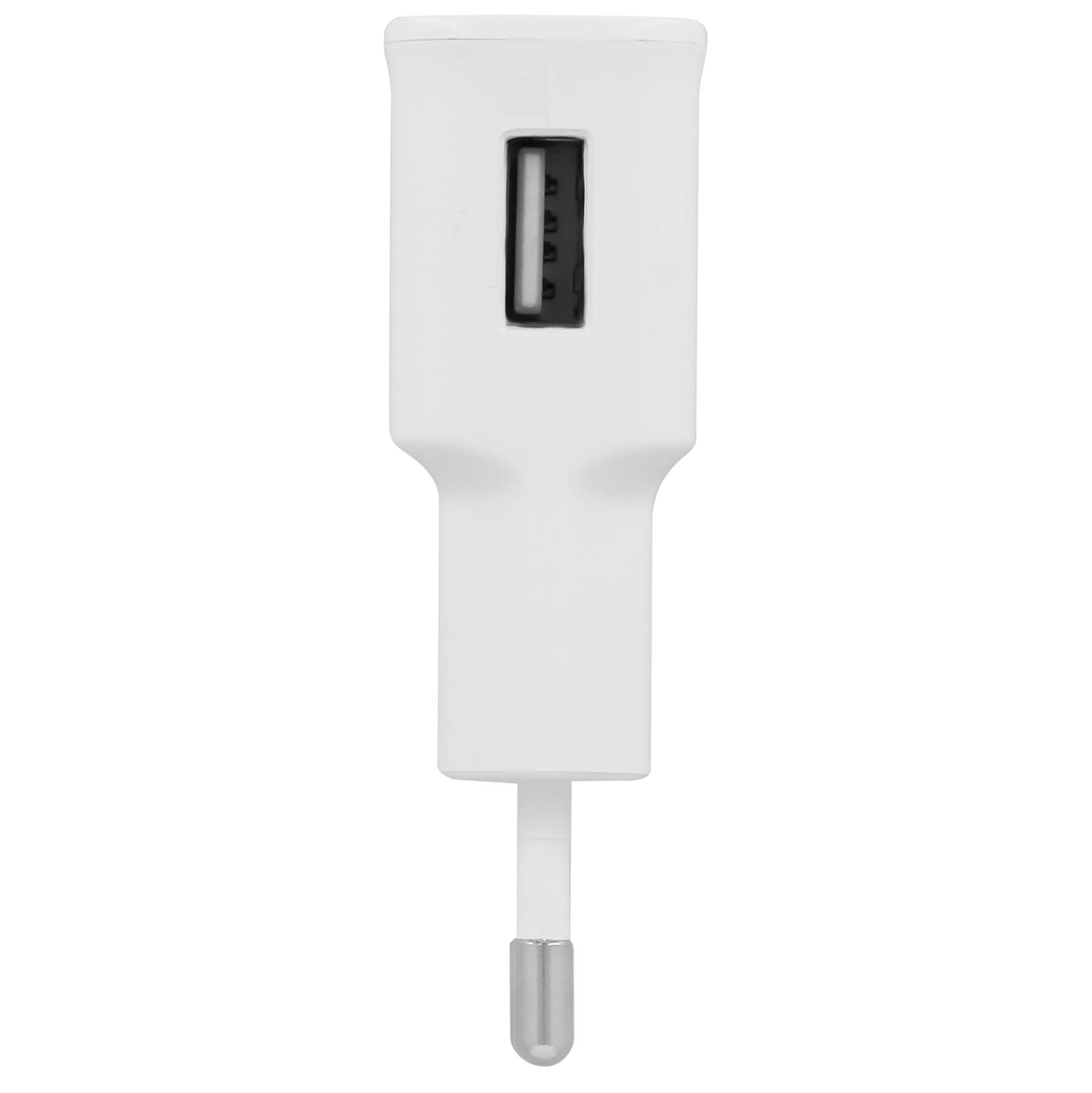 Chargeur de téléphone blanc avec port USB, isolé sur fond blanc.