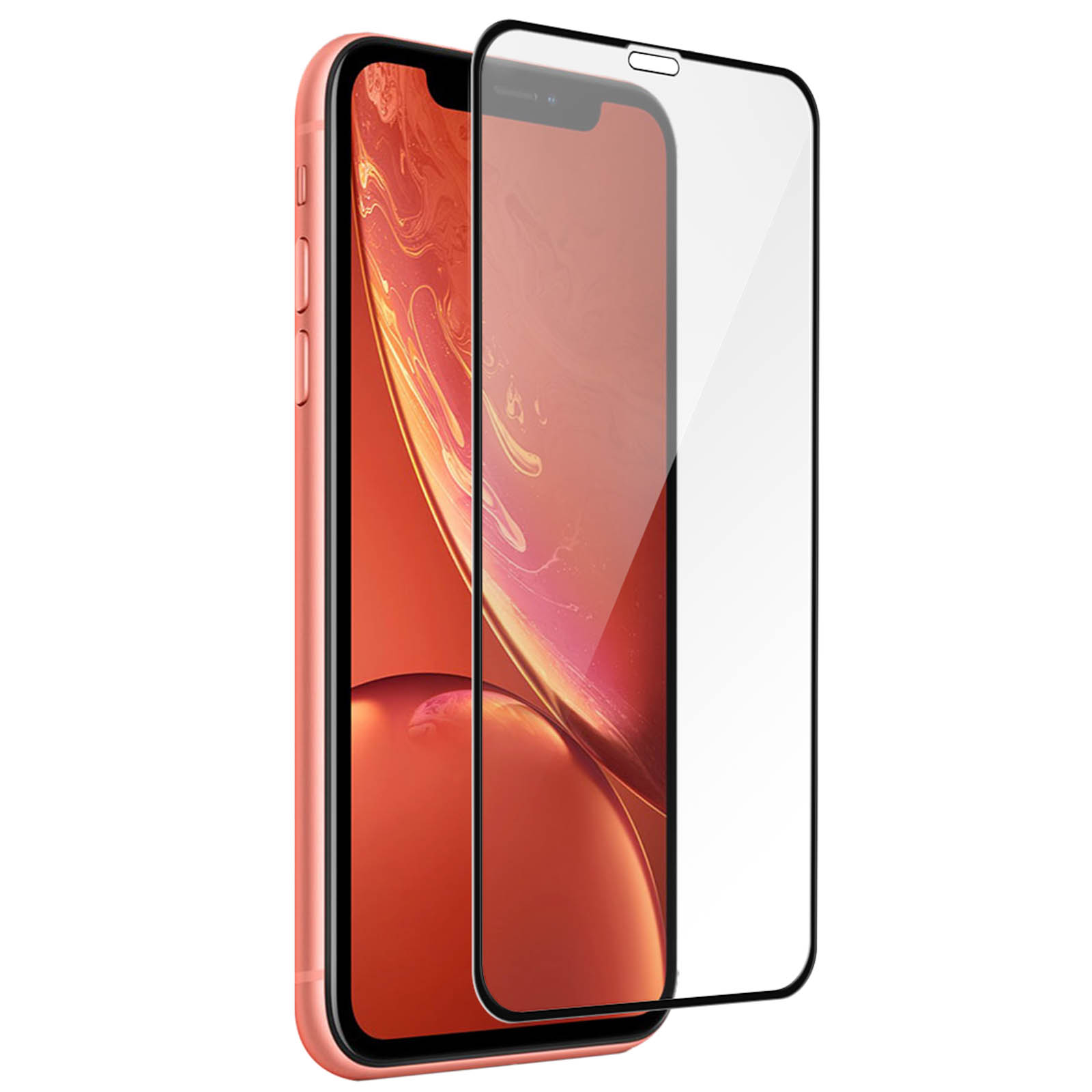 Telefono corallo con protezione schermo. Lo schermo mostra uno sfondo rosso e arancione.