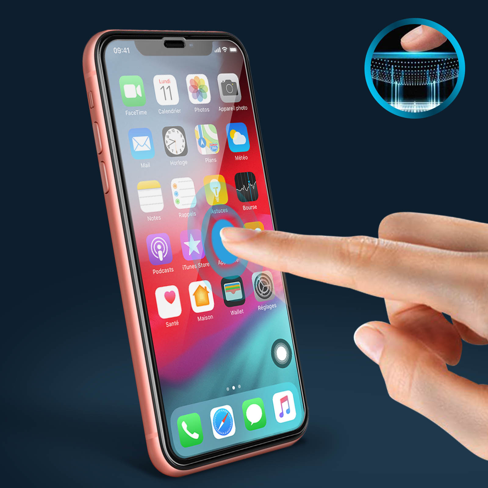 Mano che tocca lo schermo del telefono con icone di app, con sfondo blu e dettaglio circolare.