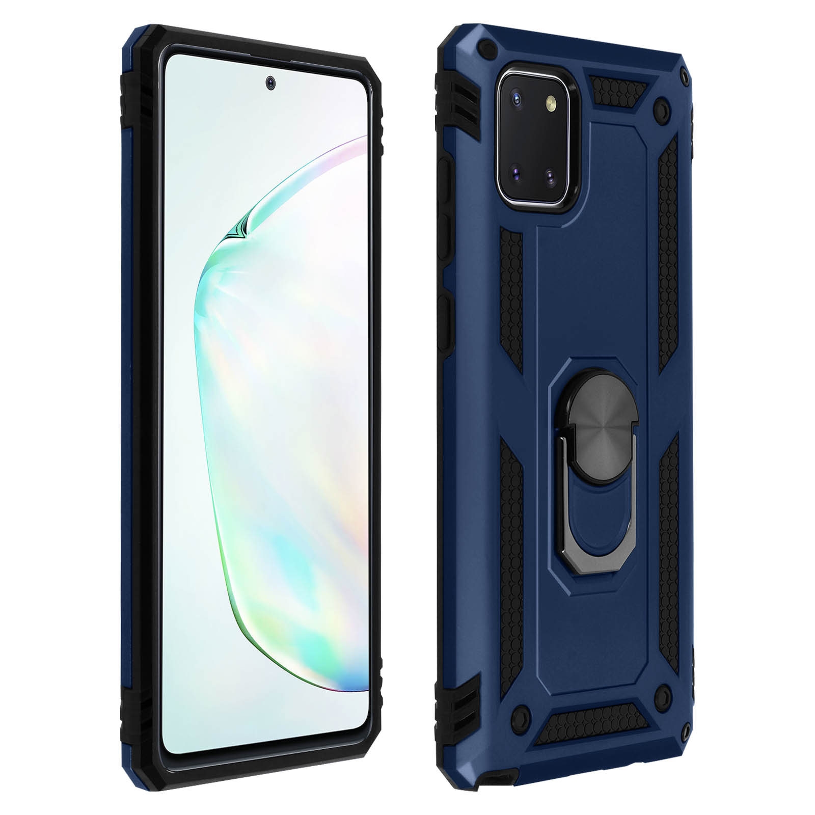 Custodia blu per telefono con telefono all'interno. La custodia ha un porta anello. Sfondo bianco. Il telefono è nero.