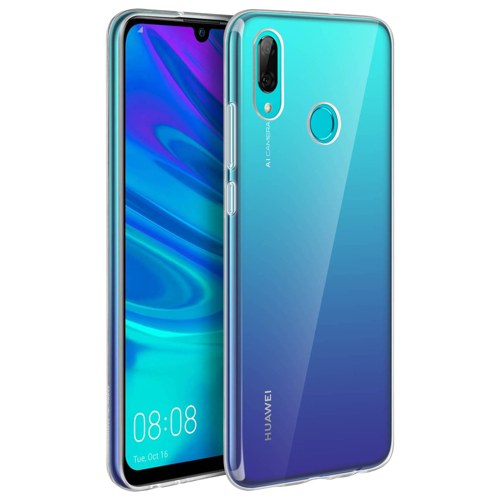 Telefono blu e nero. Il telefono è in una custodia trasparente.