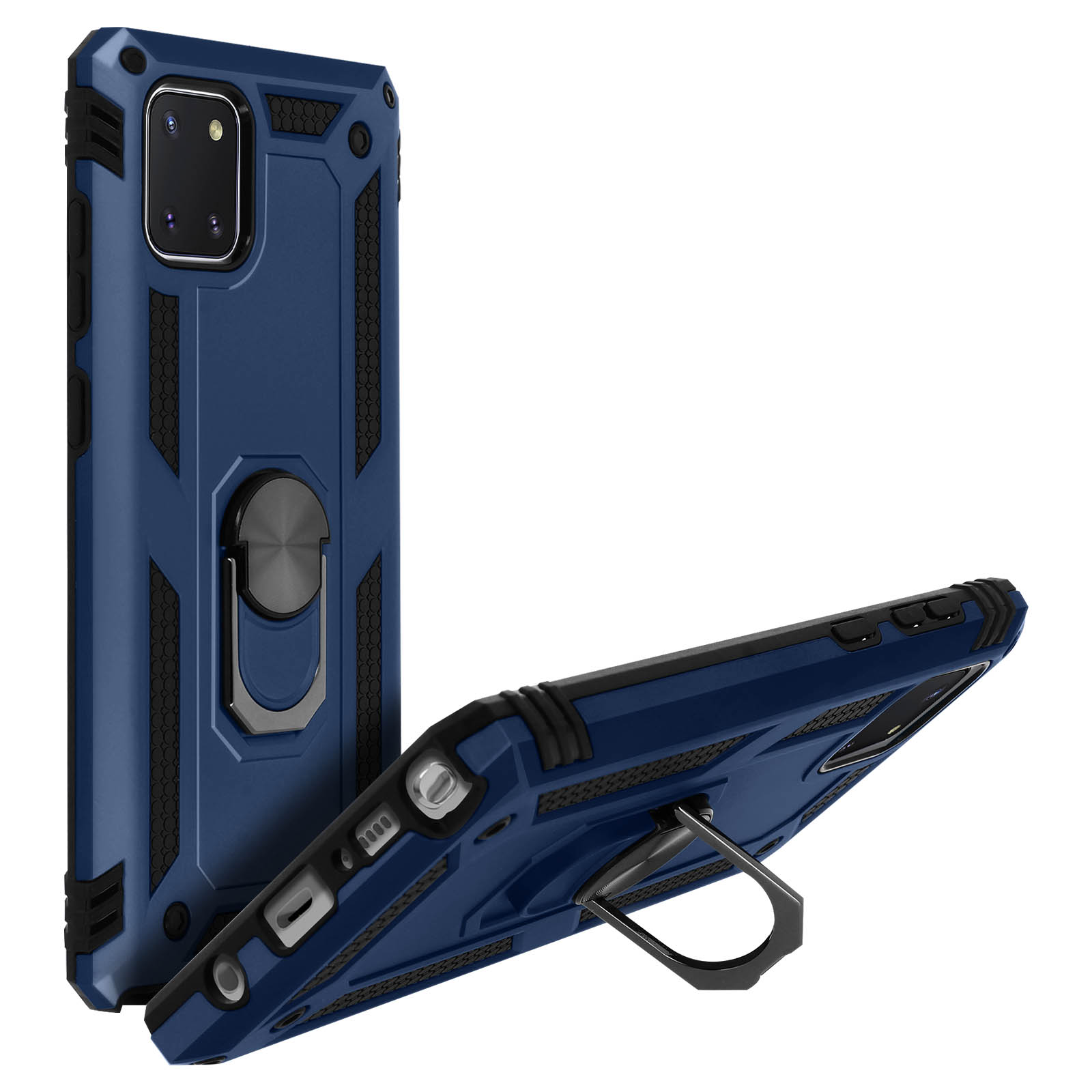 Custodia blu navy per telefono su sfondo bianco. Ha un supporto ad anello e un design strutturato.