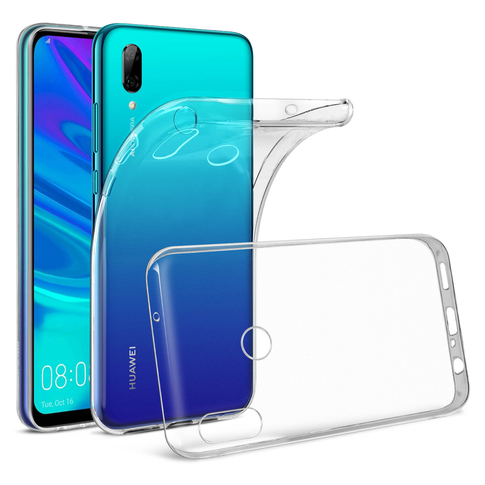 Tre telefoni, uno con una custodia trasparente. Il telefono al centro è blu.