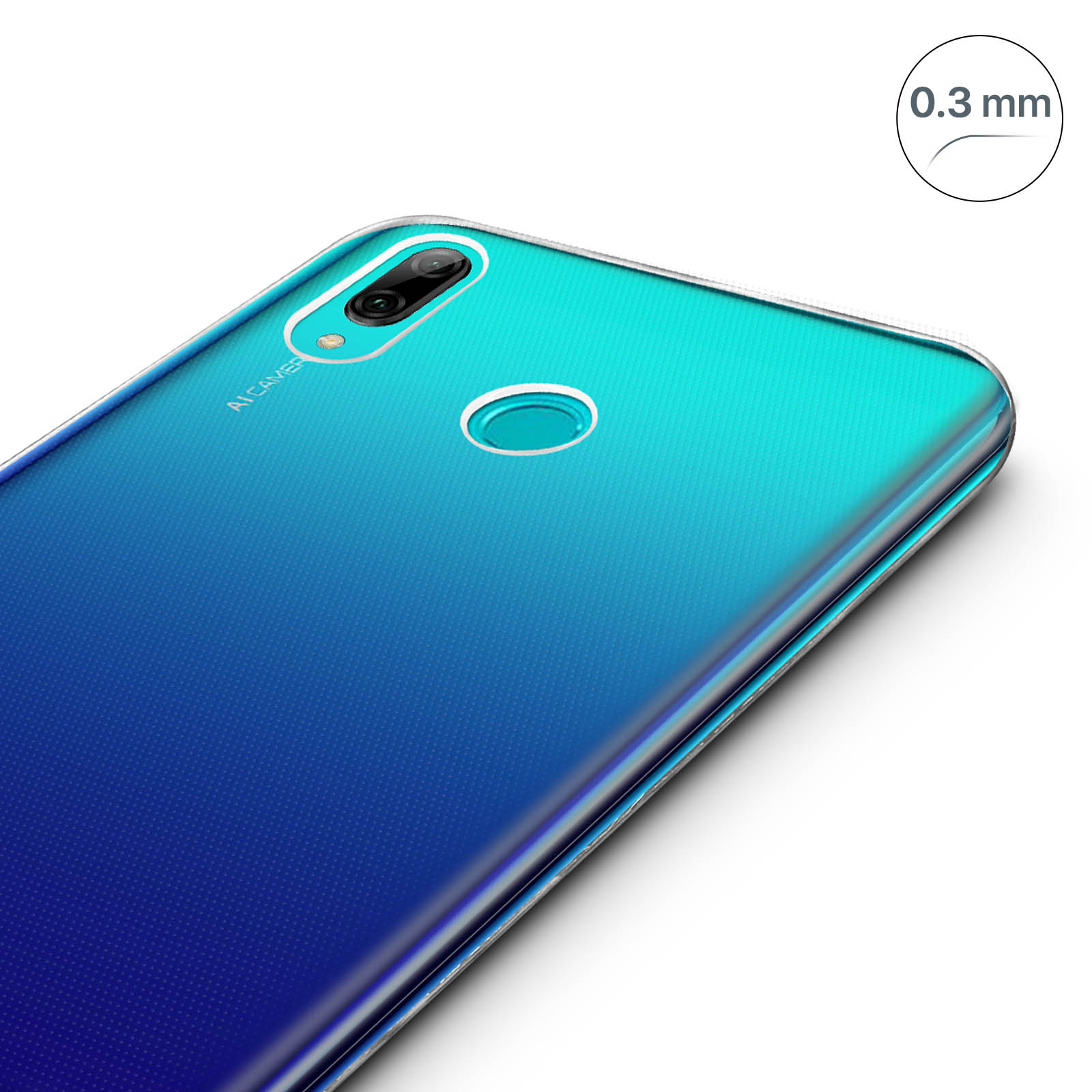 Telefono con custodia sfumata blu e verde acqua. Il telefono ha un bordo trasparente e una fotocamera.