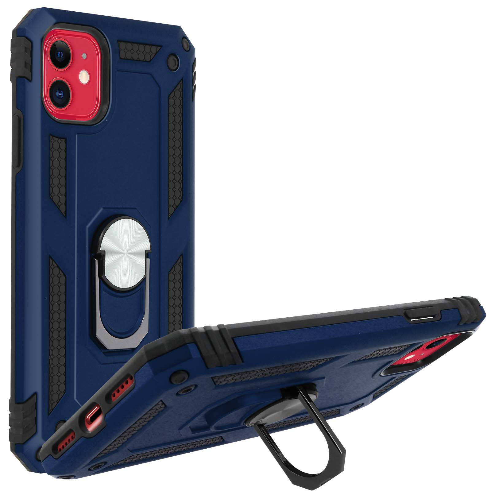 Custodia per telefono blu e nera con un supporto ad anello. La custodia è su sfondo bianco.
