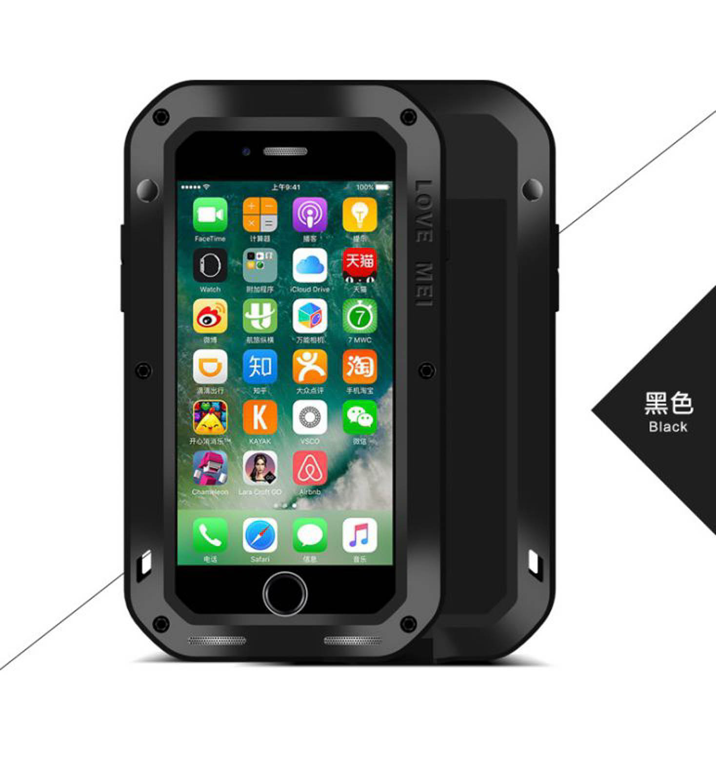 Telefono nero in una custodia robusta con più icone di app sullo schermo e la scritta "LOVE MEI".