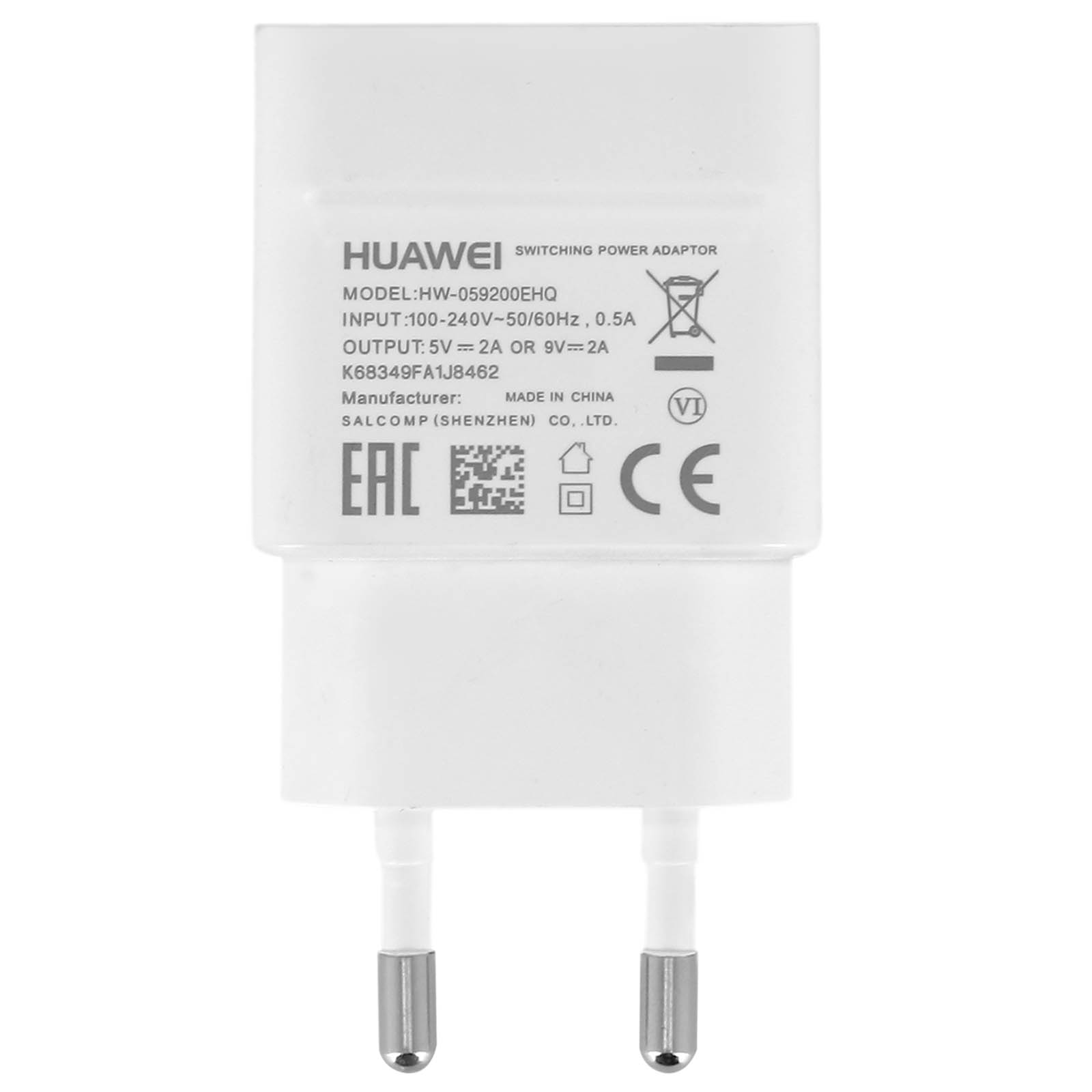 Un adattatore di alimentazione a commutazione Huawei bianco con specifiche stampate, inclusi i dettagli del modello e di ingresso/uscita.