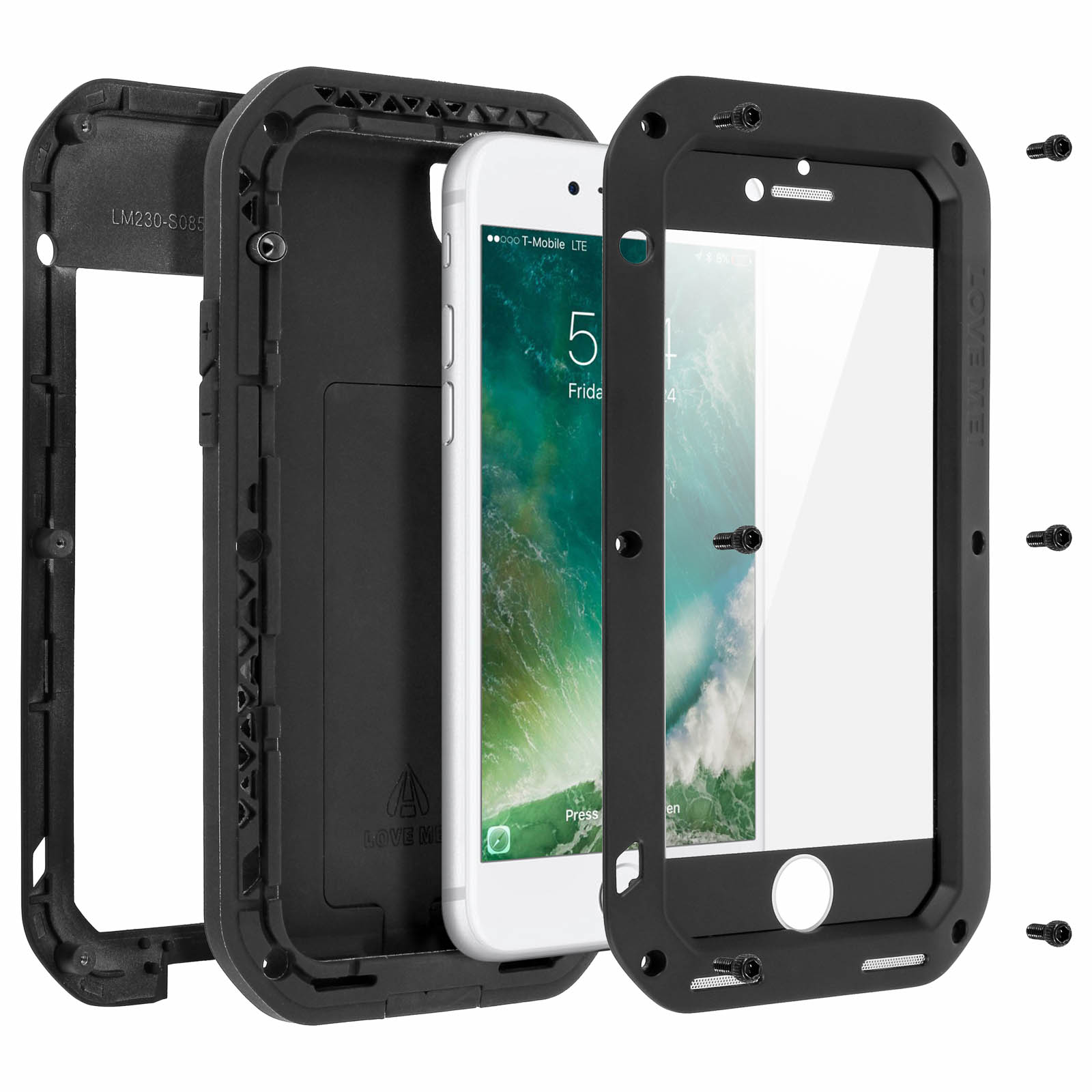 Custodia del telefono smontata. Vengono mostrati telefono, cover posteriore e telaio anteriore.