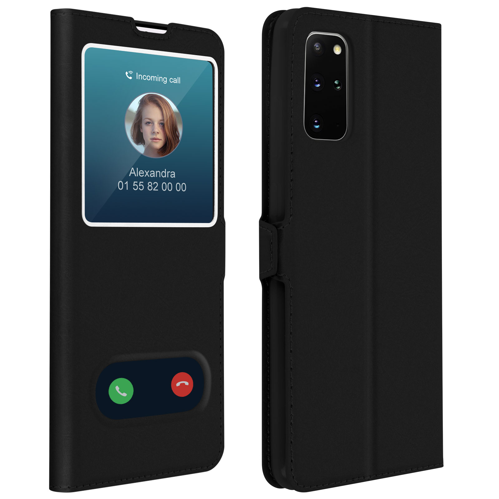 Custodia nera per telefono. Aperta, con schermata di chiamata visibile. Bianco.
