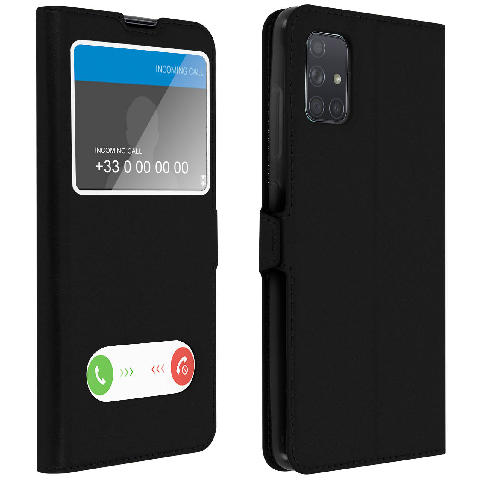 Custodia per telefono nera. La custodia è un portafoglio. Lo schermo del telefono mostra una chiamata in arrivo. Pulsanti sul lato sinistro.