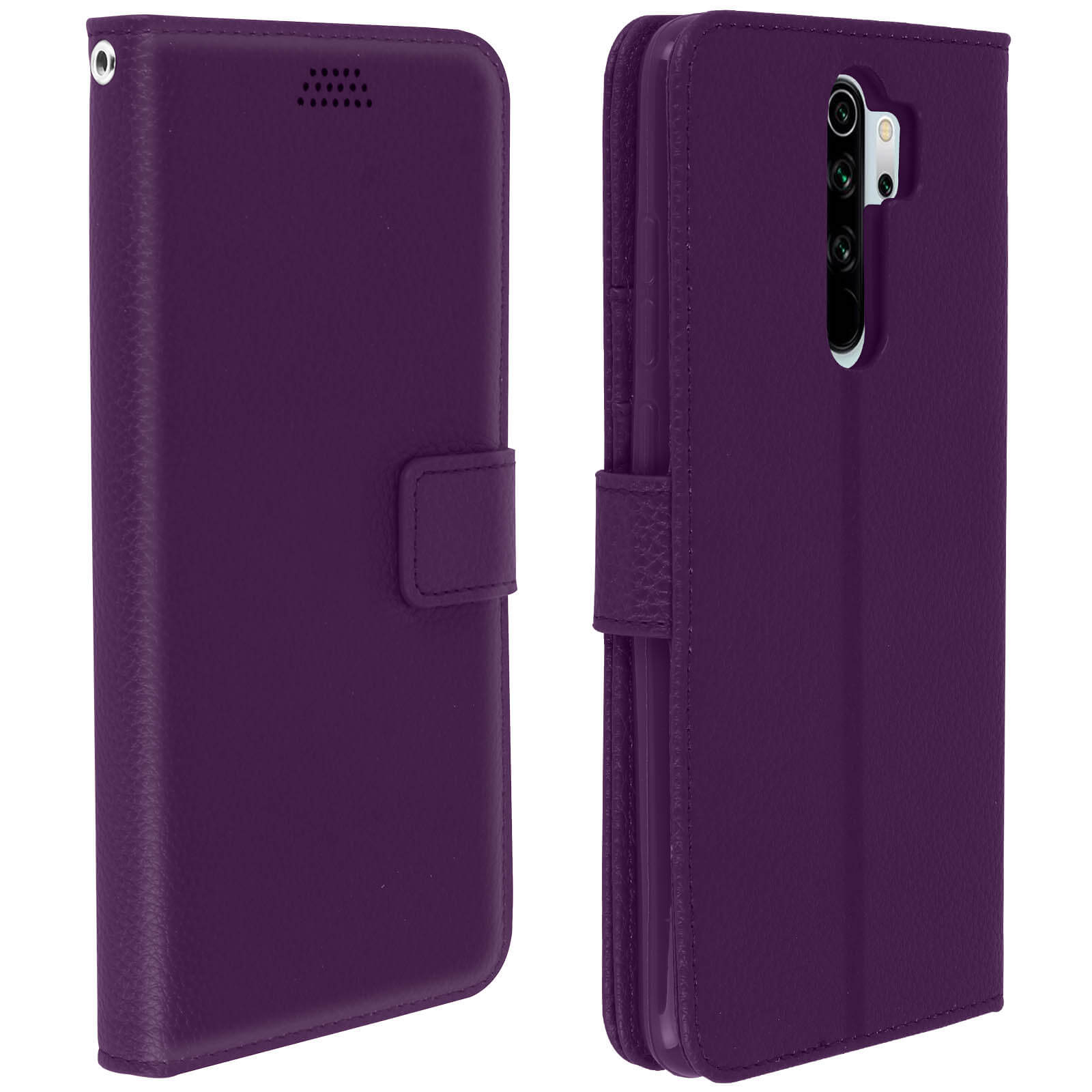 Paarse leren telefoonhoes met twee secties, open. Een camera is zichtbaar.