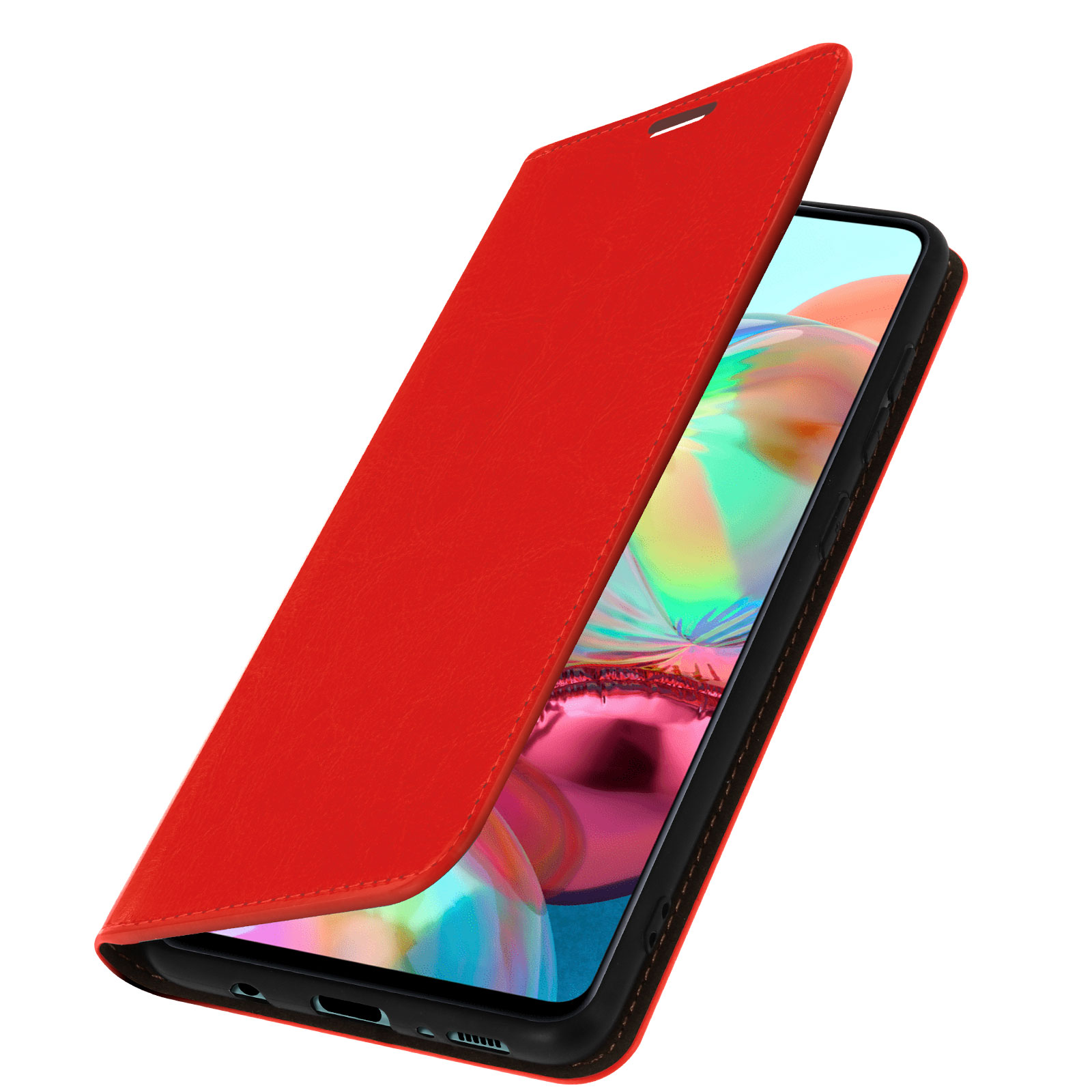 Custodia rossa aperta, che rivela lo schermo del telefono con sfondo arancione e bianco.