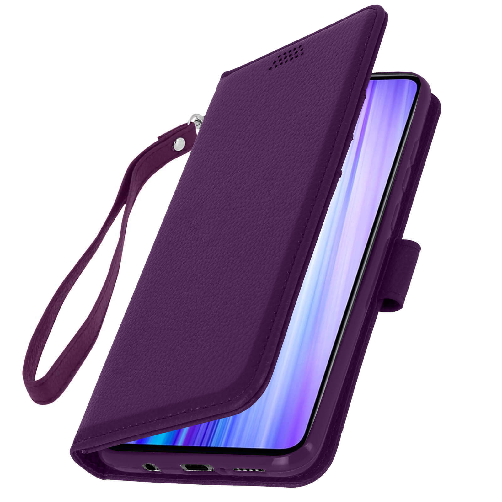 Paarse leren telefoonhoes, open. Telefoon erin. Handriem. Witte achtergrond.