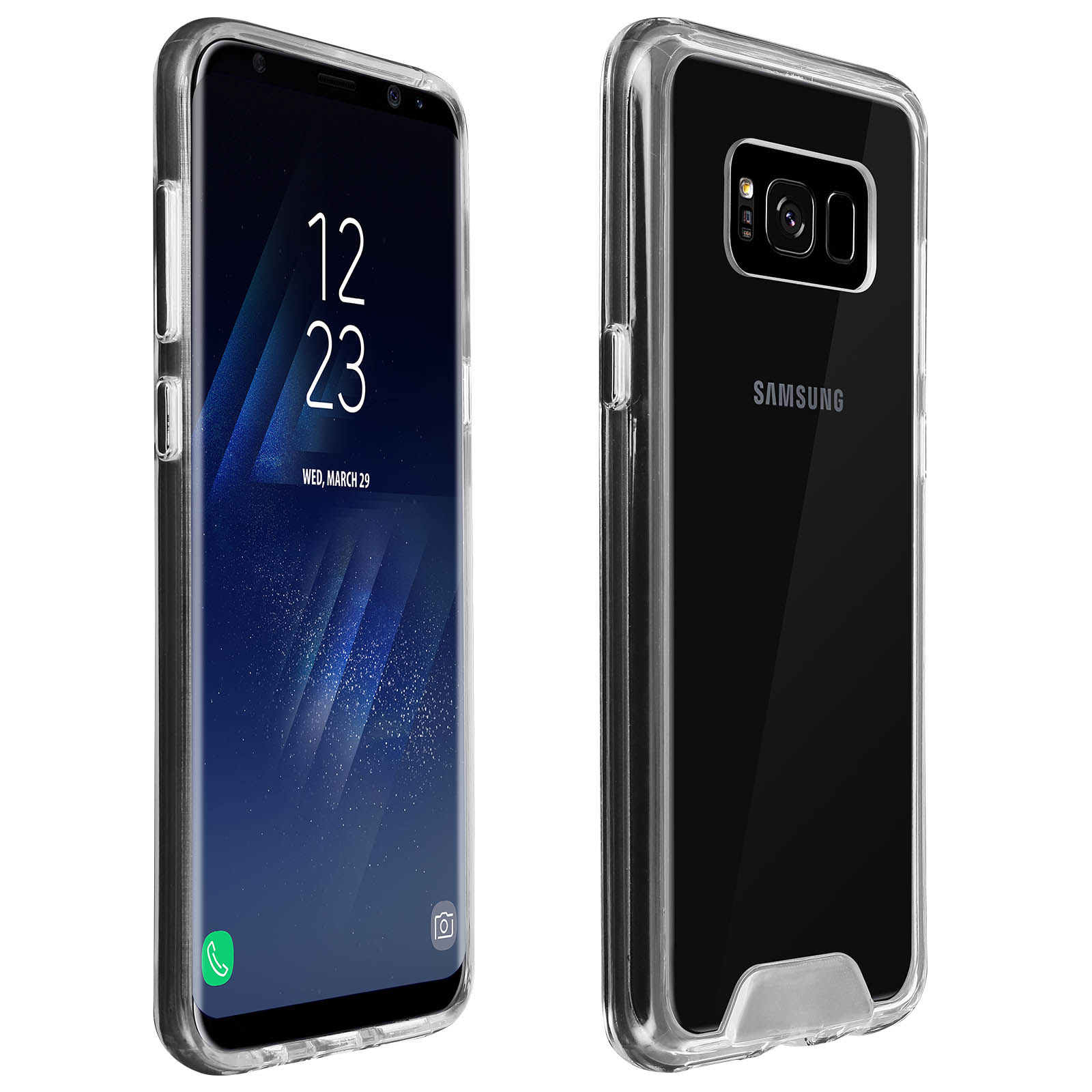 Funda transparente en un teléfono. El teléfono muestra la fecha y la hora.