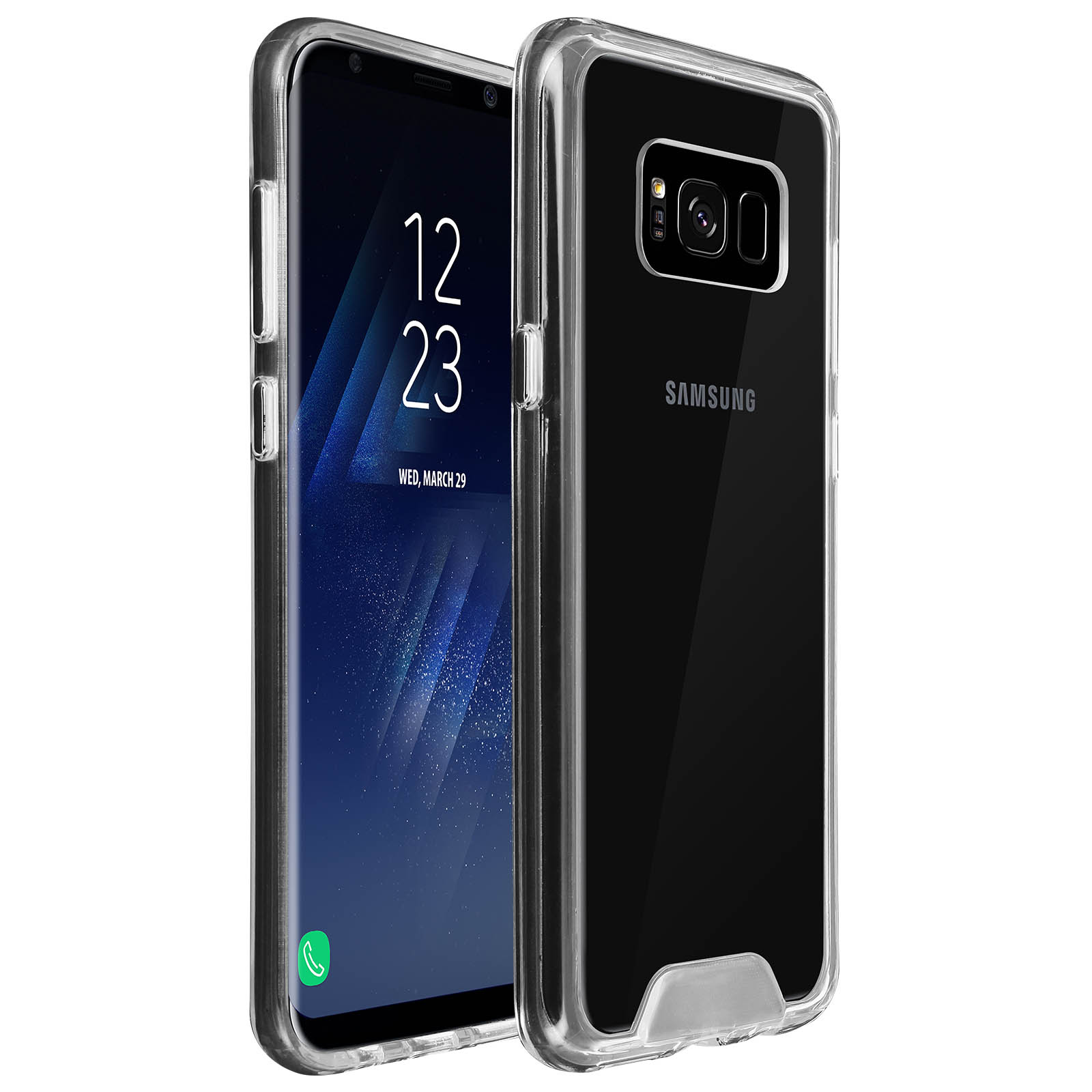 Dos teléfonos, uno dentro de una funda transparente, junto a otro. Funda transparente, teléfono negro. Fondo blanco.