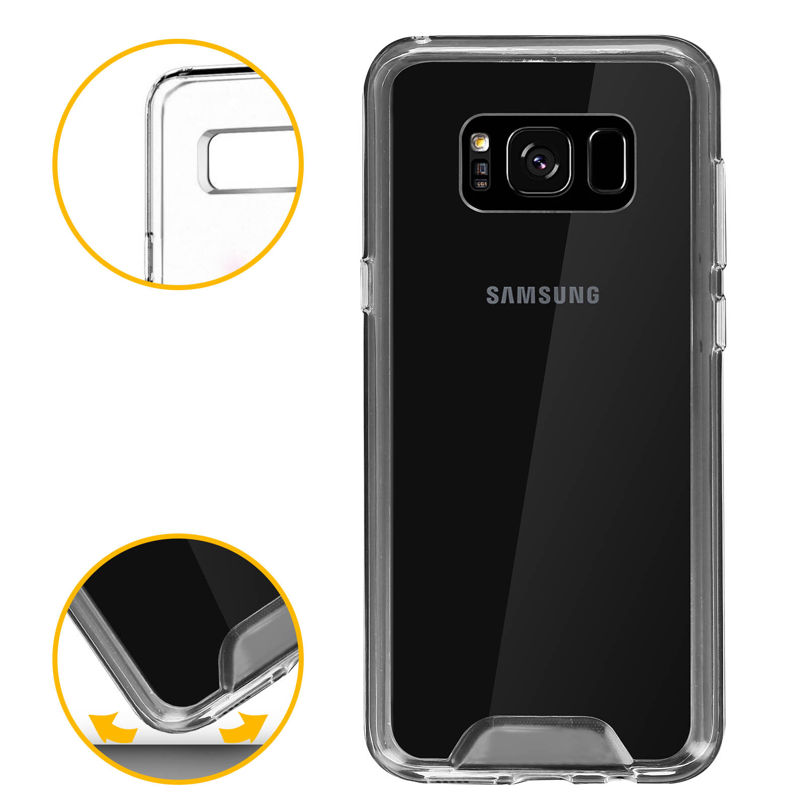 Funda transparente en un teléfono con pantalla negra. Flechas blancas muestran los bordes.