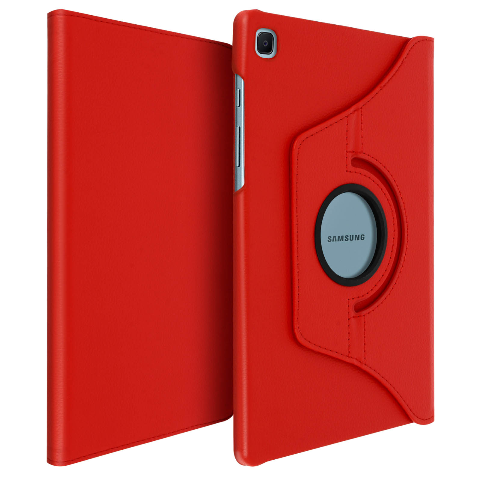 Custodia per tablet rossa, aperta. Un tablet è all'interno. La parte posteriore ha un pezzo nero rotondo con un logo.