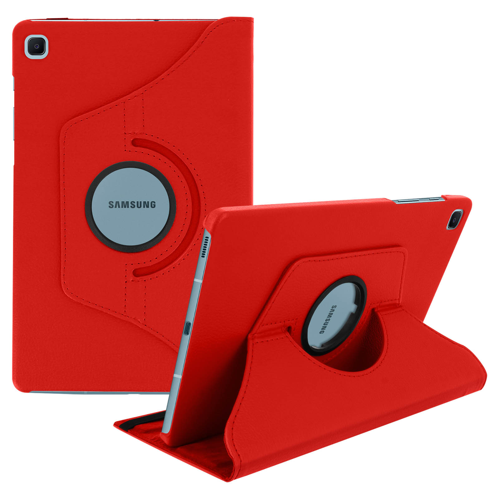 Una custodia rossa per tablet con logo Samsung, angolata per mostrare lo schermo.