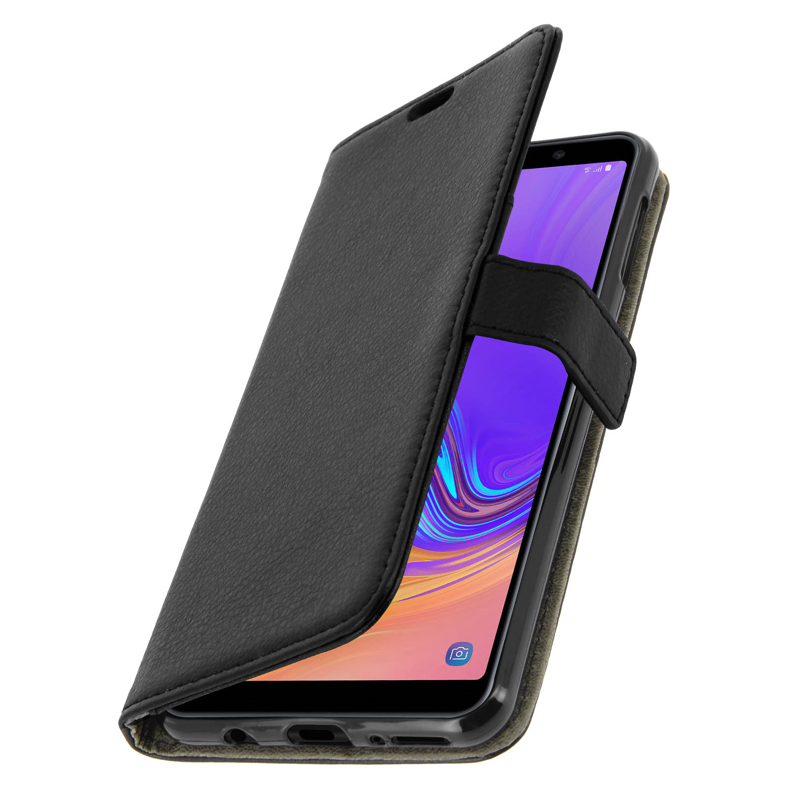 Telefono in custodia in pelle nera aperta. Il telefono ha uno schermo visibile.