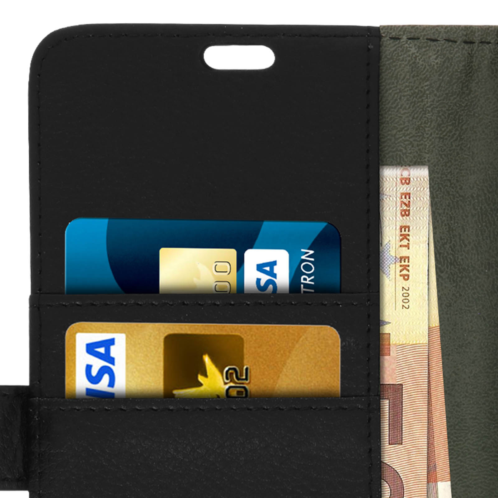 Un portafoglio con carte di credito e banconote in euro visibili. Il portafoglio è nero.