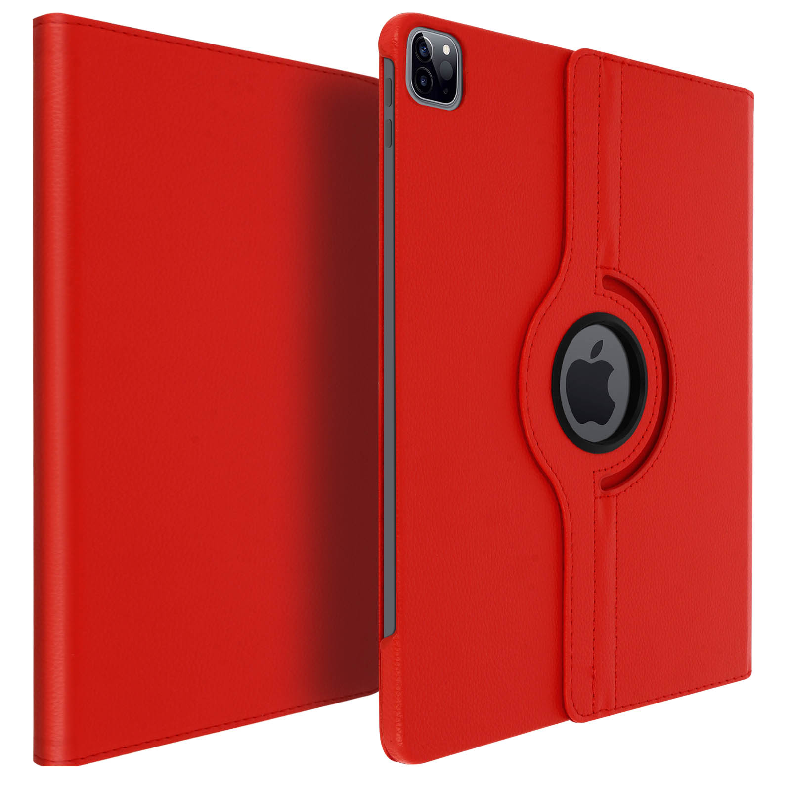 Custodia rossa per tablet, aperta e chiusa. Mostra la cover, il logo Apple e l'interno.