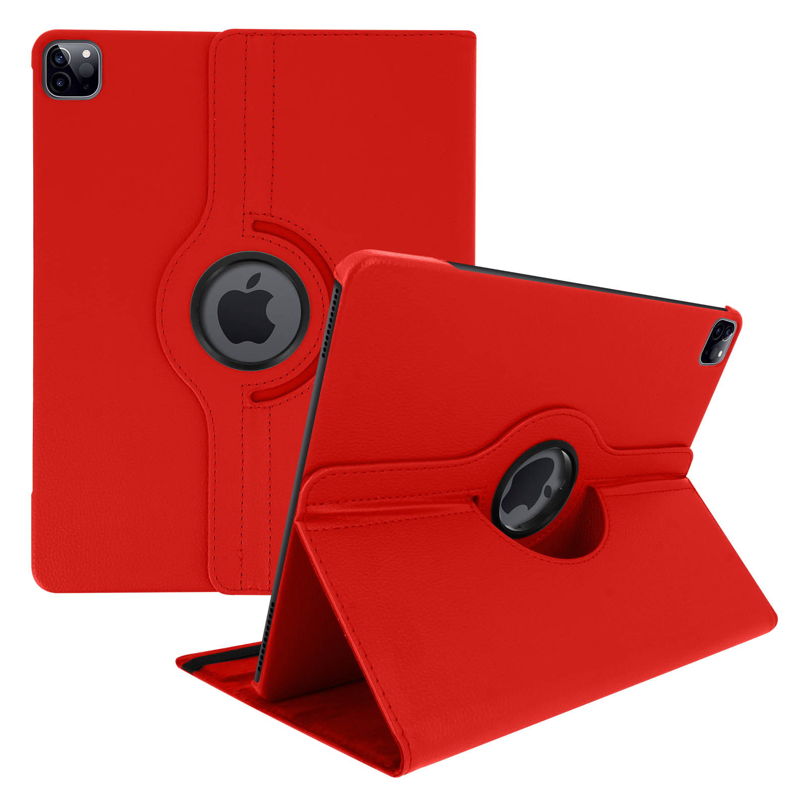 Custodia iPad rossa, con logo Apple, piegata. Un'altra custodia è in posizione verticale.