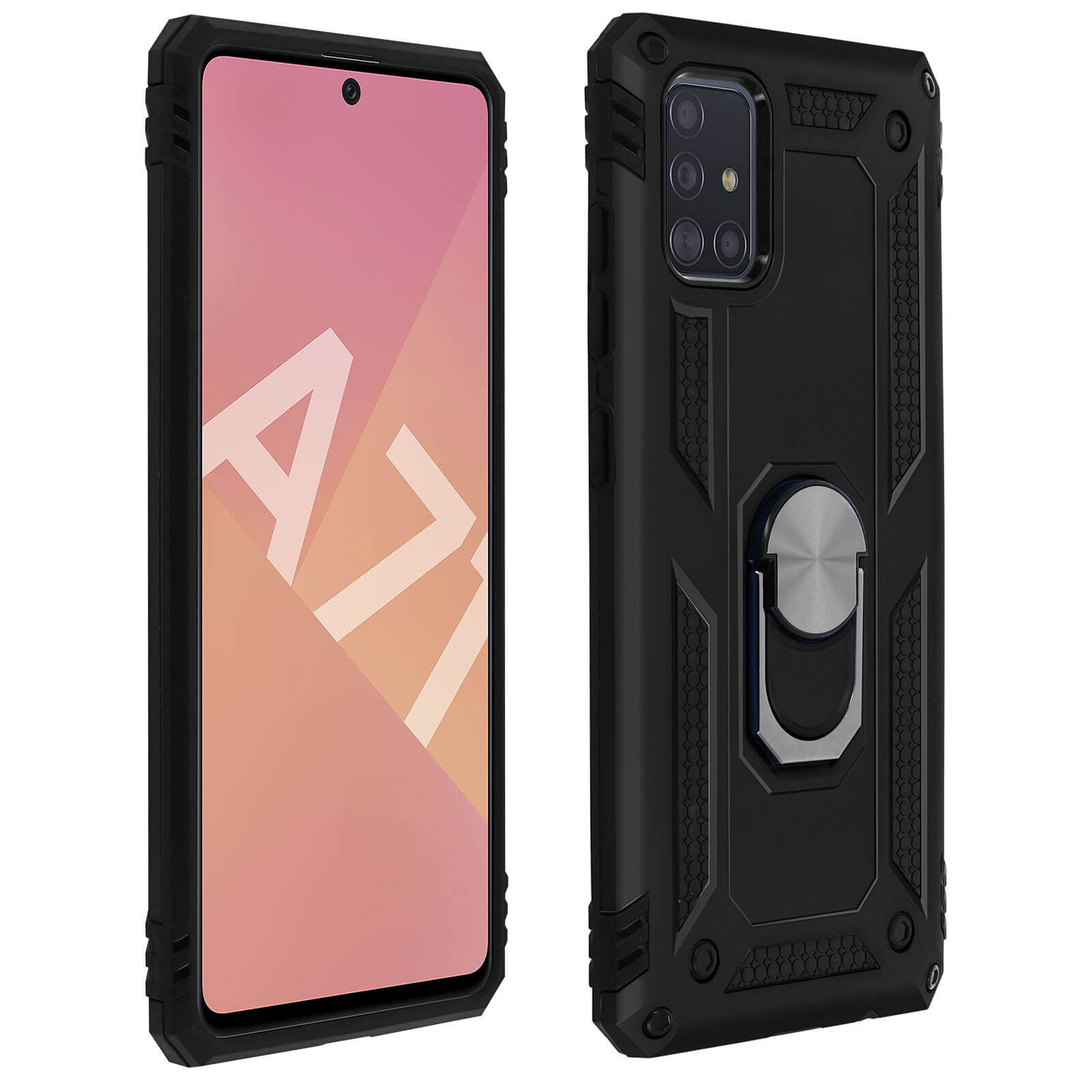 Coque de téléphone noire. Le téléphone a un support en anneau. Le téléphone est dedans.