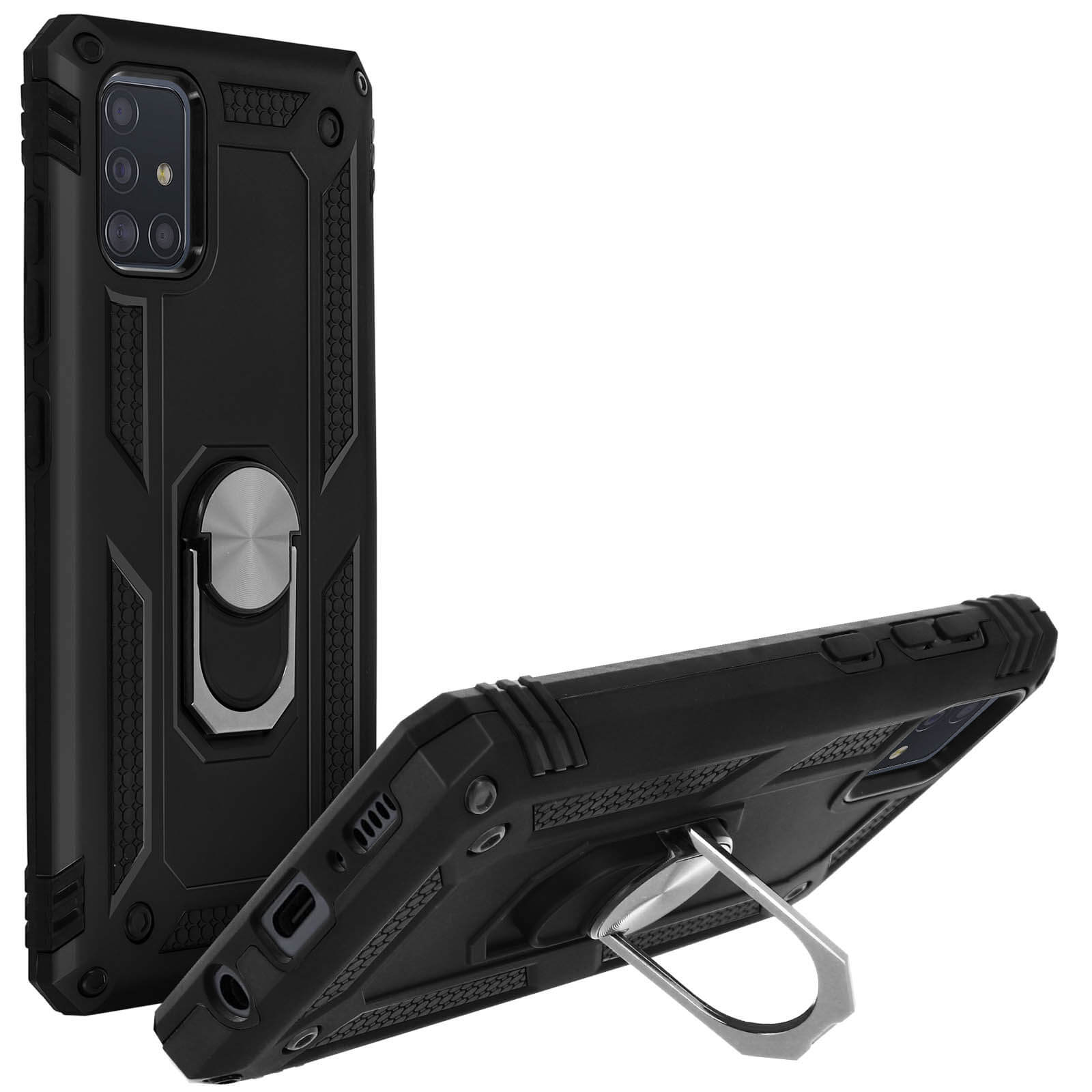 Zwarte telefoonhoes met ringhouder. Twee aanzichten: staand en liggend.